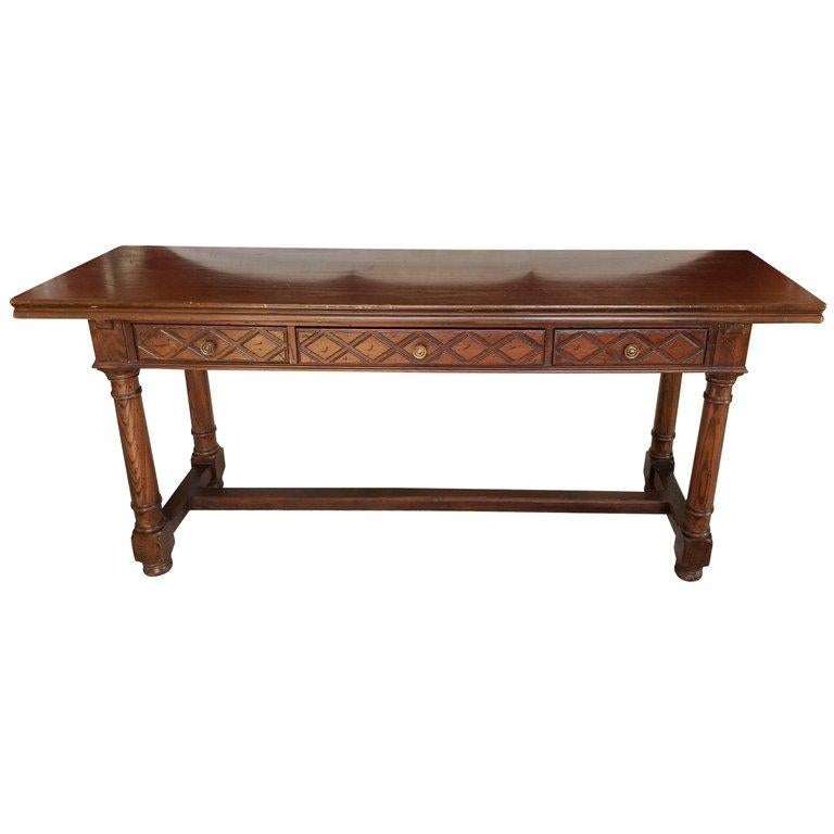 English Harvest Table with Fold Up Top and Flanked by Three Drawers, 20th Century For Sale