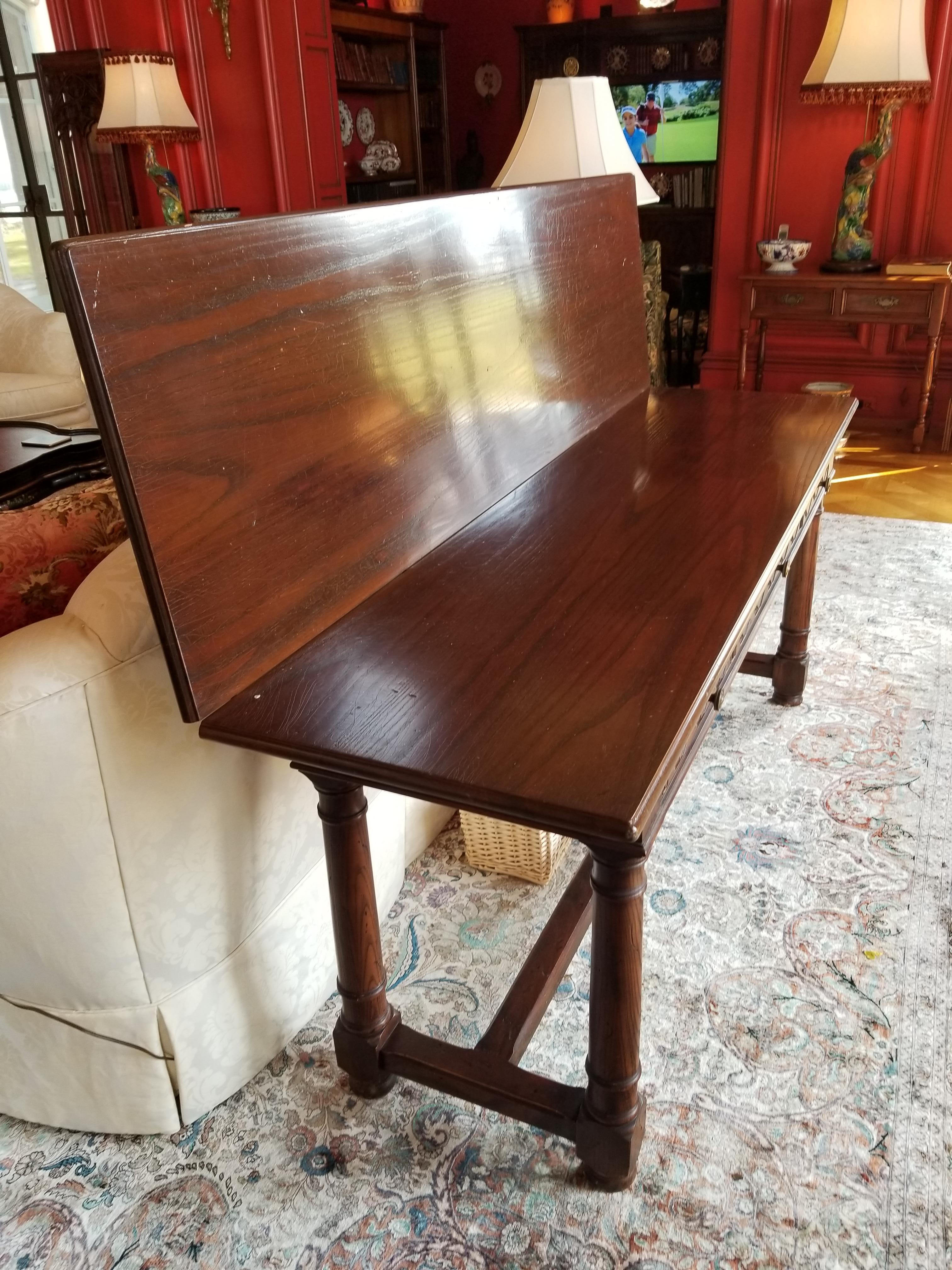 Harvest Table with Fold Up Top and Flanked by Three Drawers, 20th Century For Sale 3