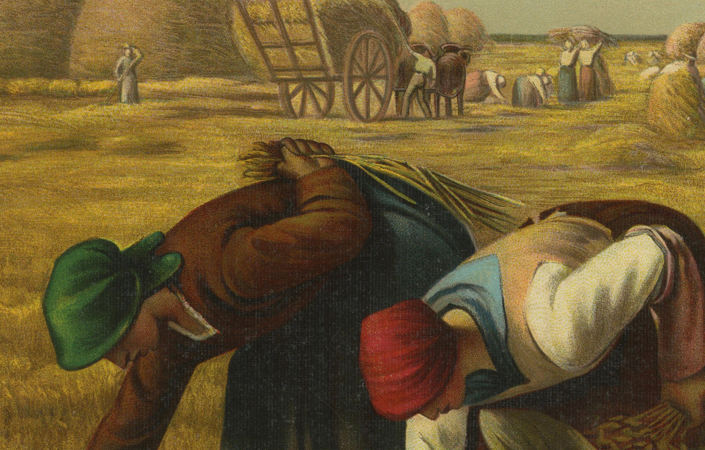 Erntehelfer auf dem Feld, nach Hirse, antike europäische Chromolithographie

Diese kraftvolle europäische Chromolithografie aus dem späten 19. Jahrhundert zeigt eine ländliche Ernteszene, die von der ikonischen Komposition von Jean-François Millet