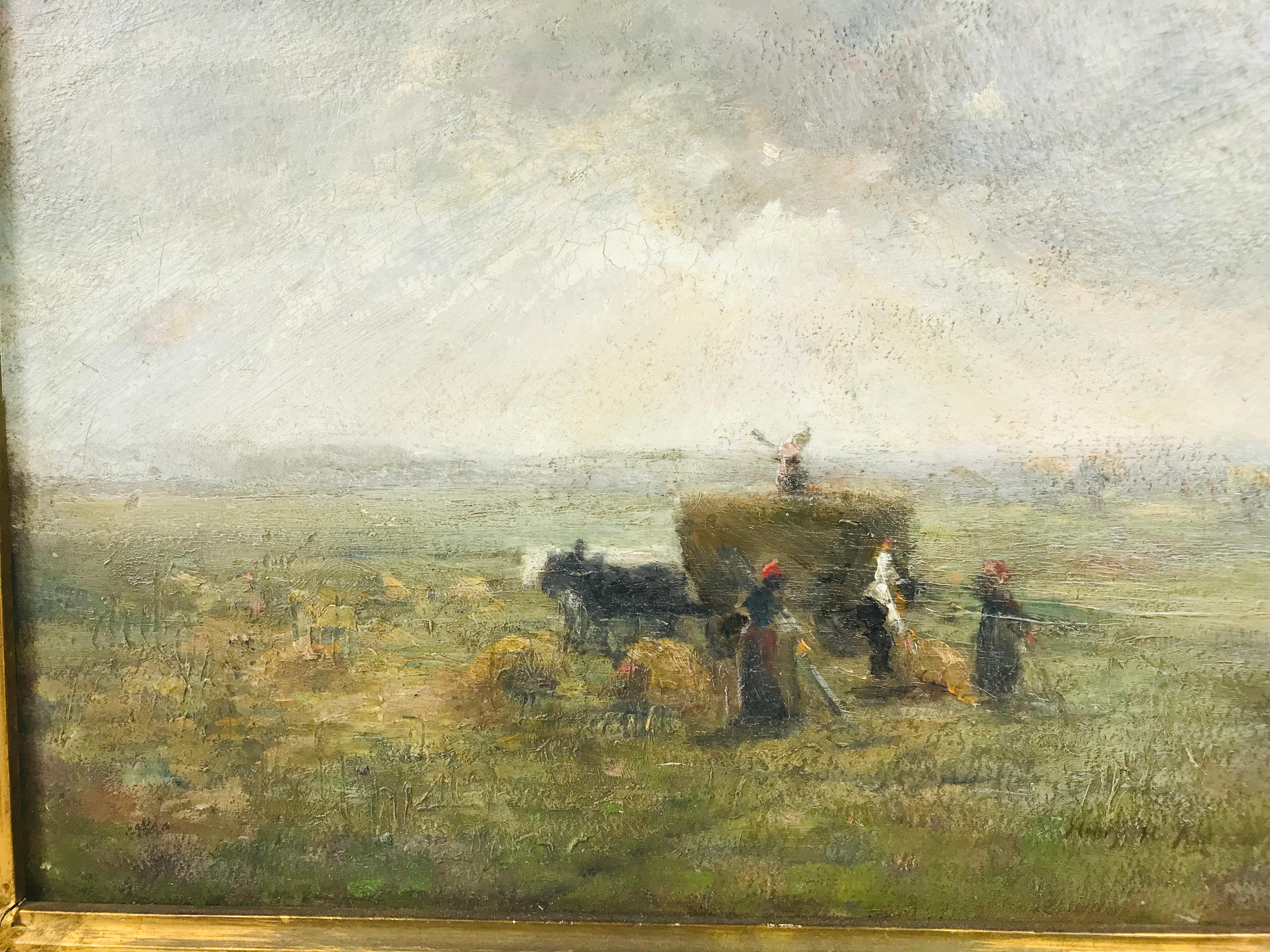 An atmospheric oil on canvas by listed artist Henry Hammond Ahl (1869-1953). This painting depicts a group of village farmers setting out upon the fields to establish their grounds for harvest. A forecasting of clouds and fog dissipate as these