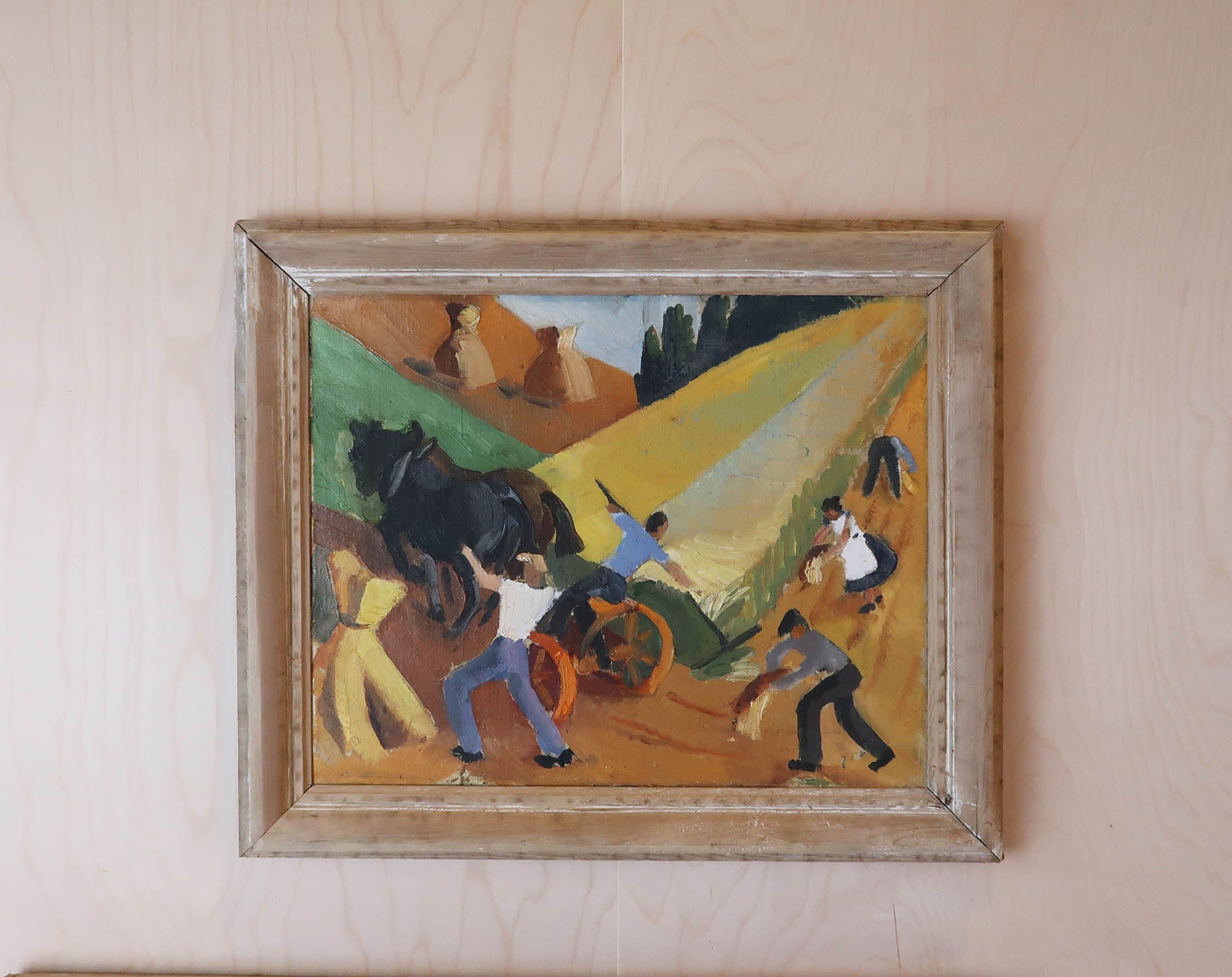 Merveilleuse peinture de fermiers rentrant la récolte de blé

Huile sur toile. Non signée. Artistics inconnu

Encadré dans un cadre en pin antique légèrement vieilli

La mesure correspond à la taille du cadre.







