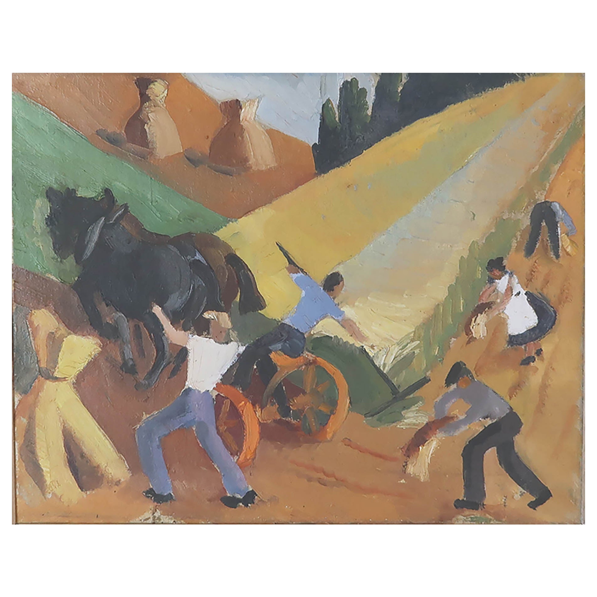 Mid-Century Modern Harvesting The Wheat, huile sur toile, Italie, années 1950 en vente