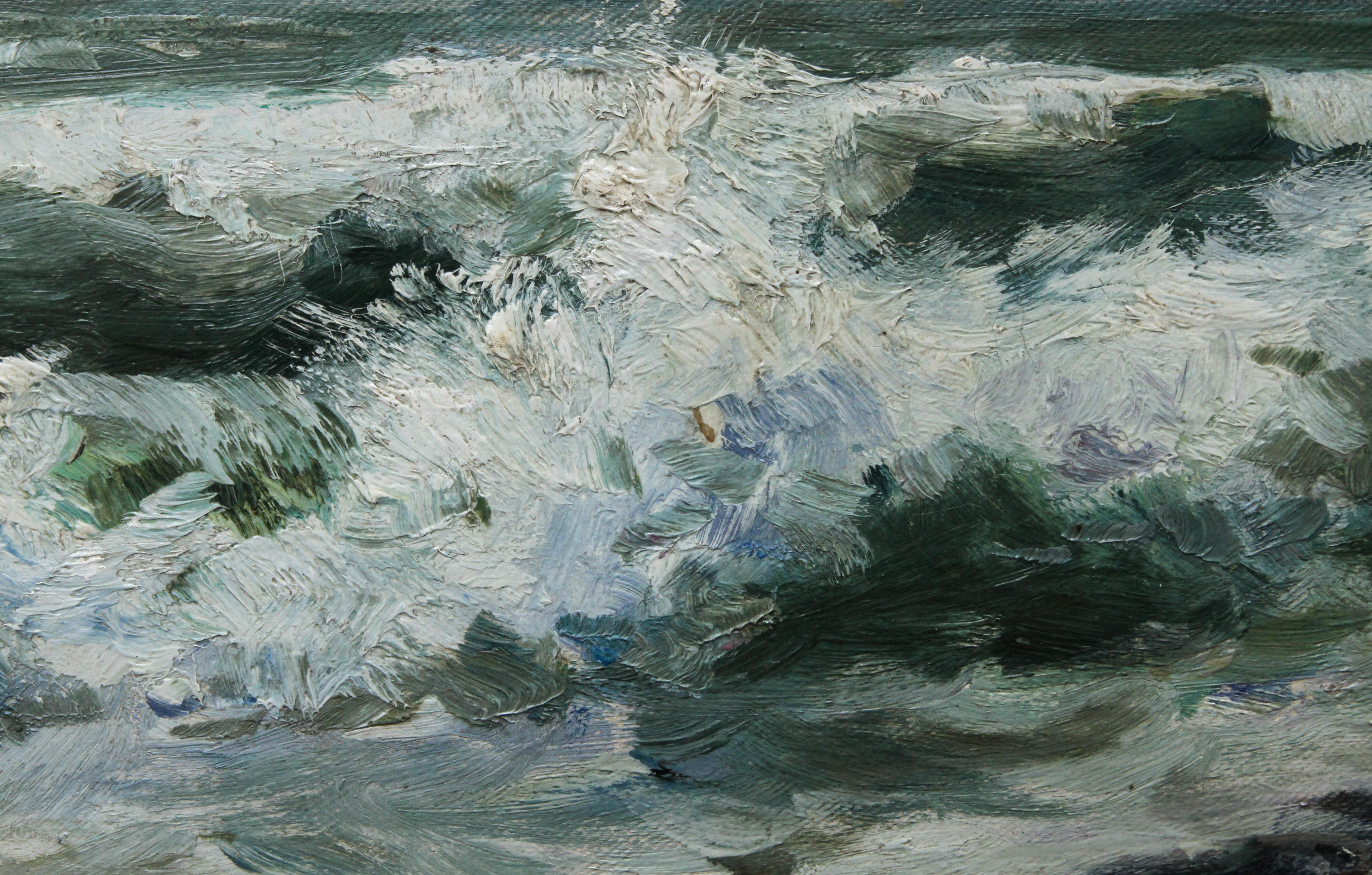 Trevone Bay Cornwall  - British Victorian art exhibited seascape oil painting - Gray Landscape Painting by Harvey Allport