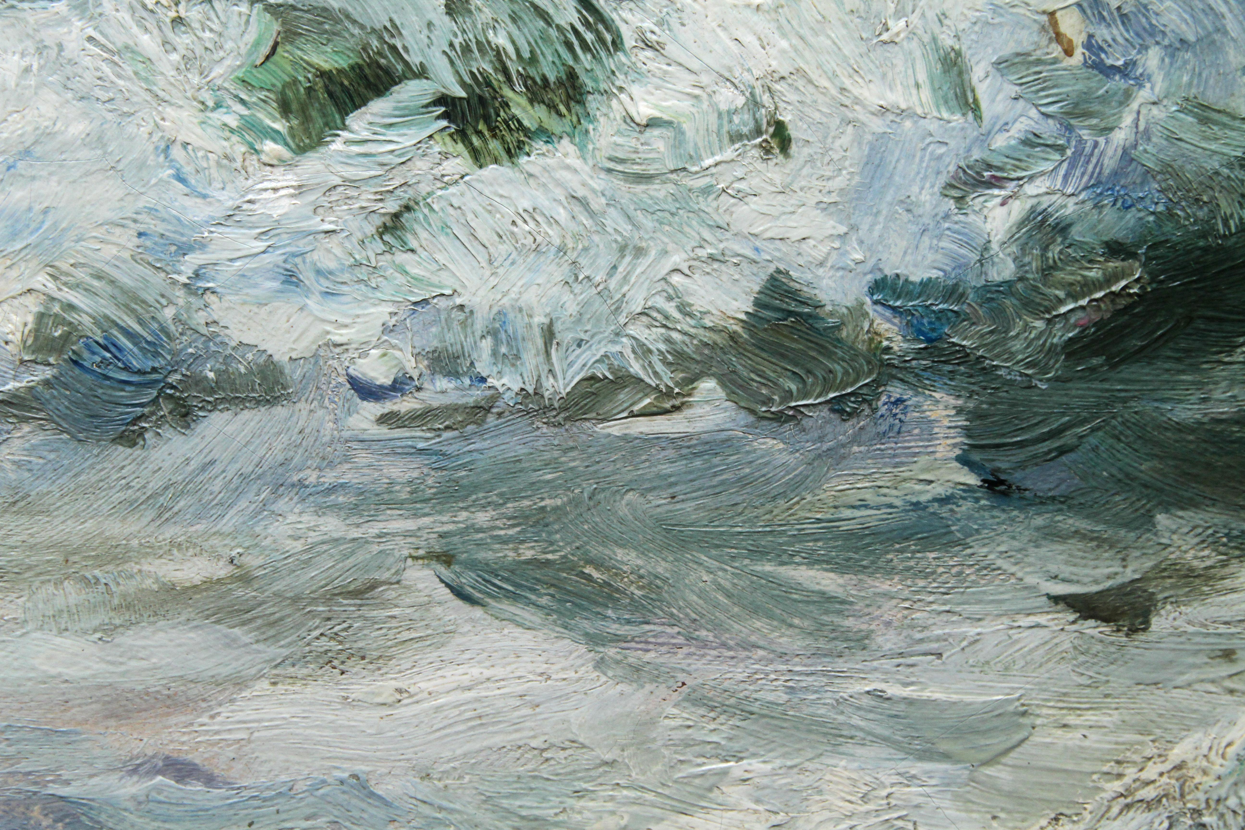 This stunning British Victorian Cornish seascape oil painting is by exhibited artist Harvey Allport. It is a fine large marine oil painting of crashing waves entitled 'Ground Swell off Trevone Bay' verso. Allport has perfectly captured the