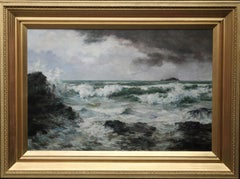 Trevone Bay Cornwall  - British Victorian art exhibited seascape oil painting 