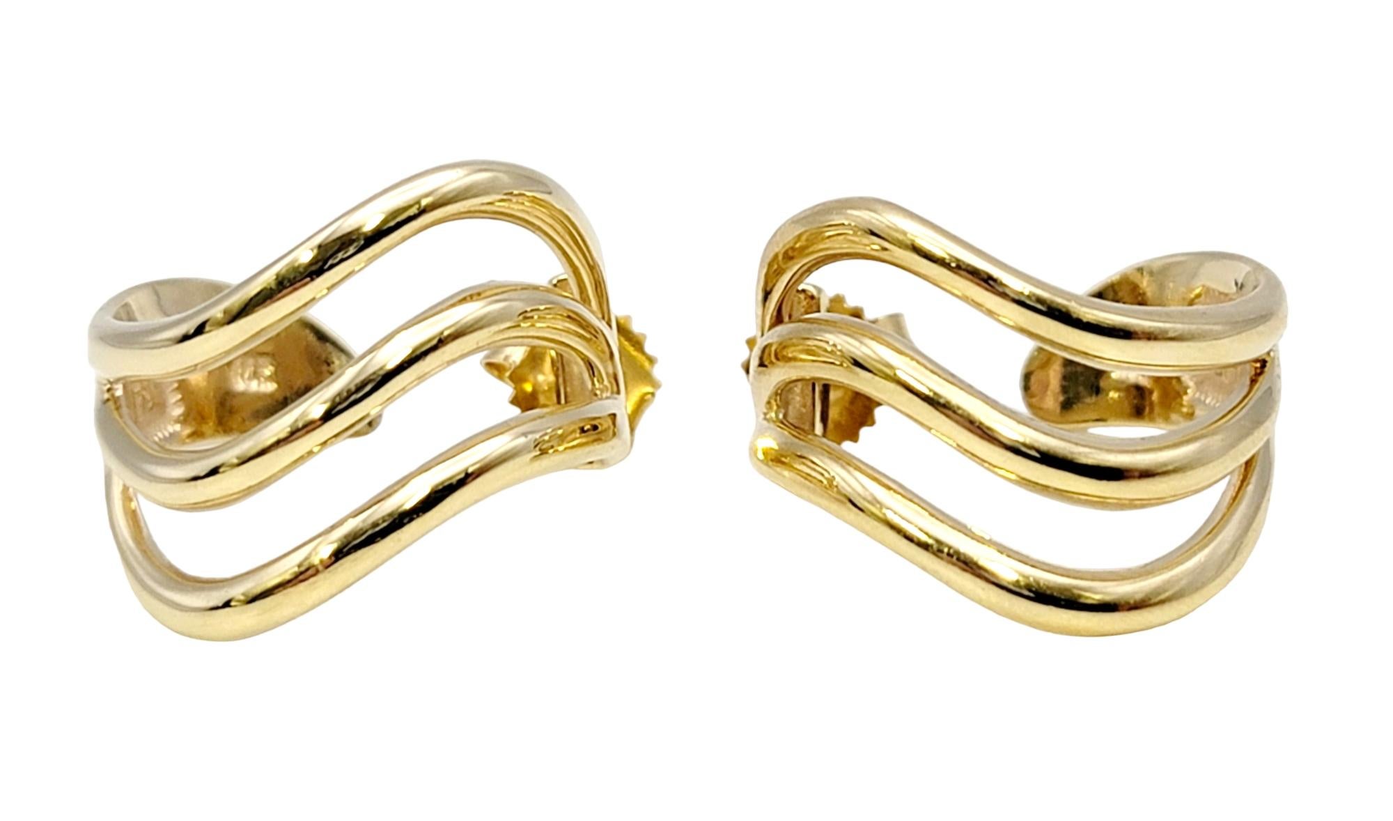 Women's Harvey Begay Polished 14 Karat Yellow Gold Wave Design Pierced Hoop Earrings For Sale