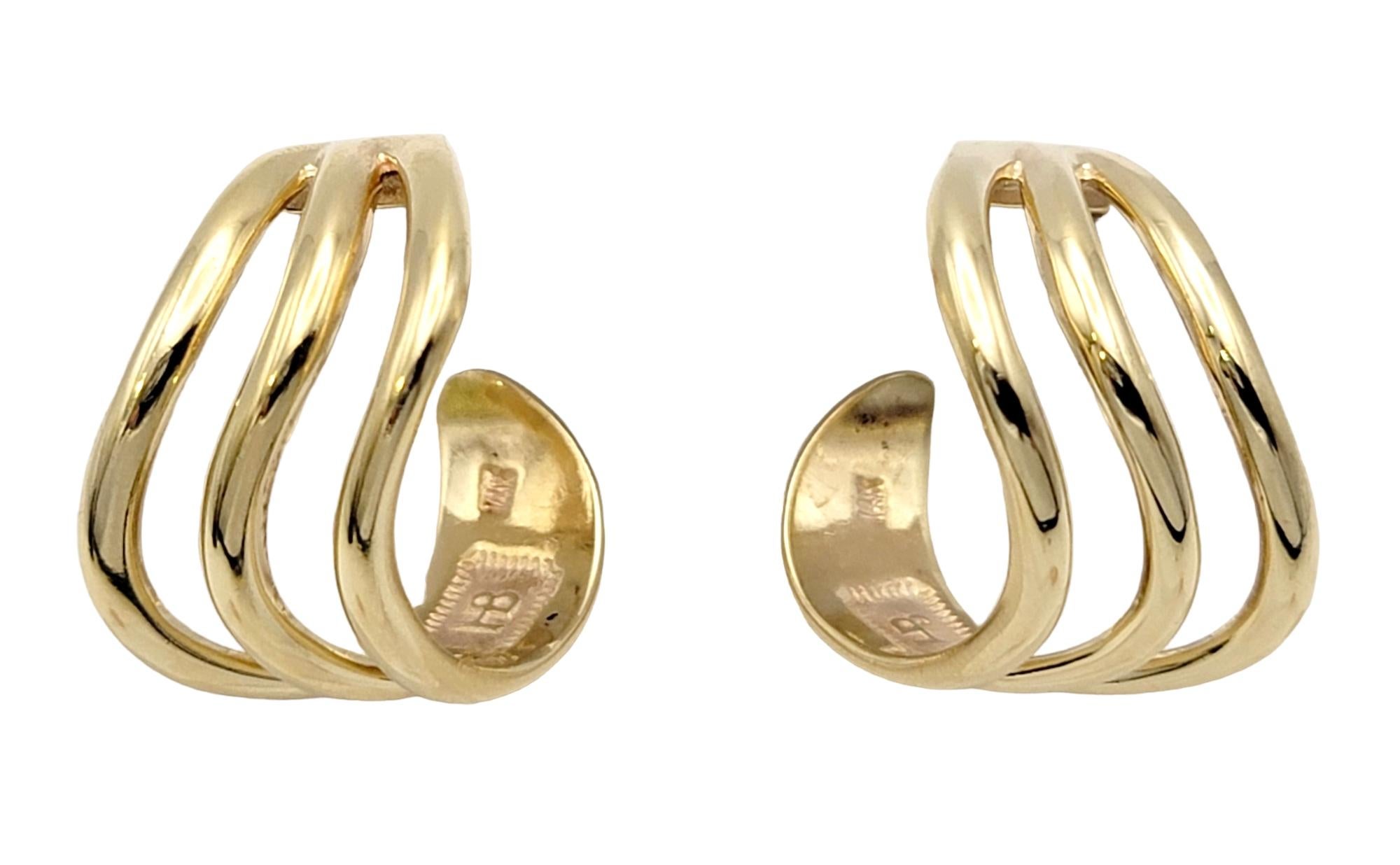 Harvey Begay Polished 14 Karat Yellow Gold Wave Design Pierced Hoop Earrings For Sale