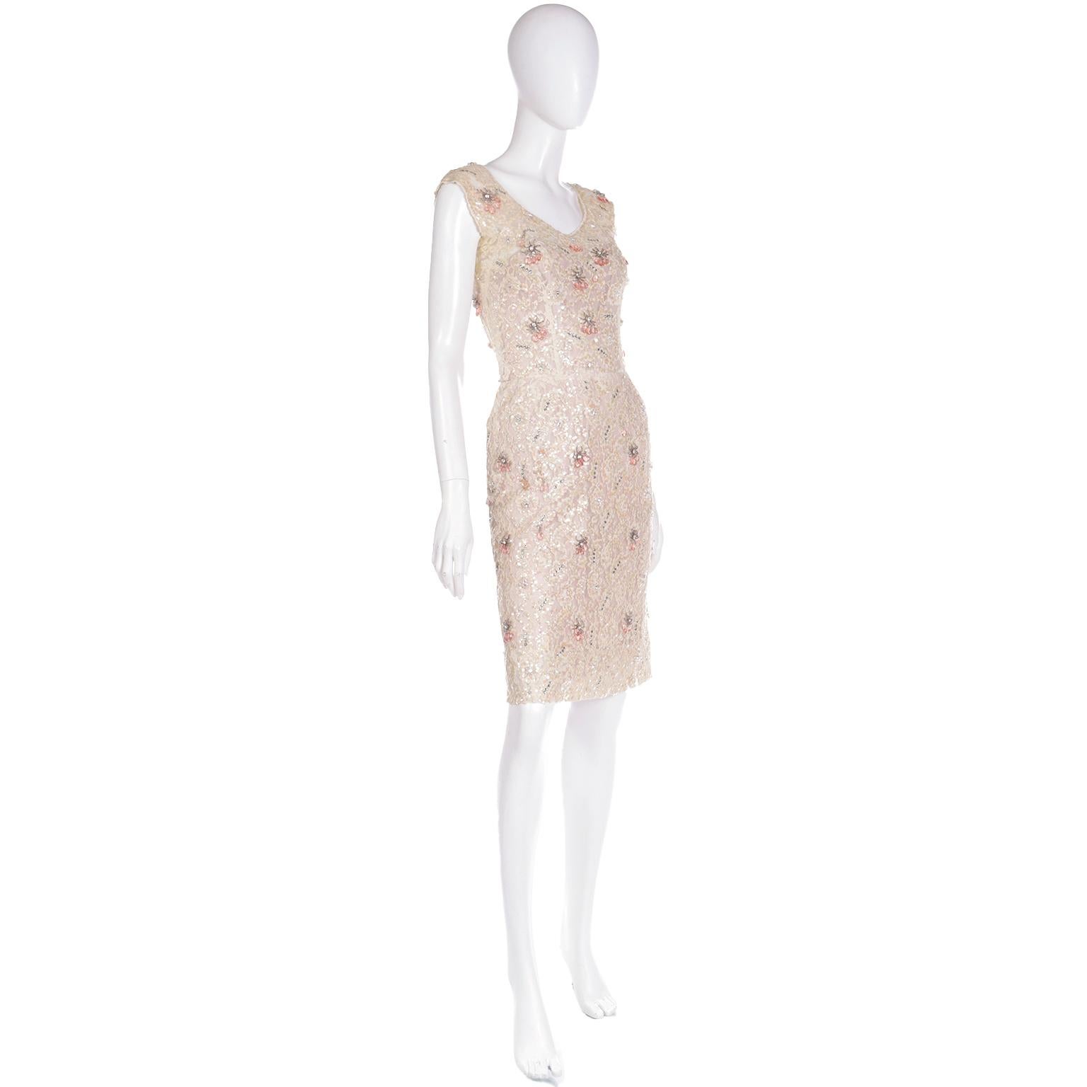 Harvey Berin Karen Stark 1950's Lace Beaded Evening Dress w Sequin & Rhinestones In Good Condition For Sale In Portland, OR