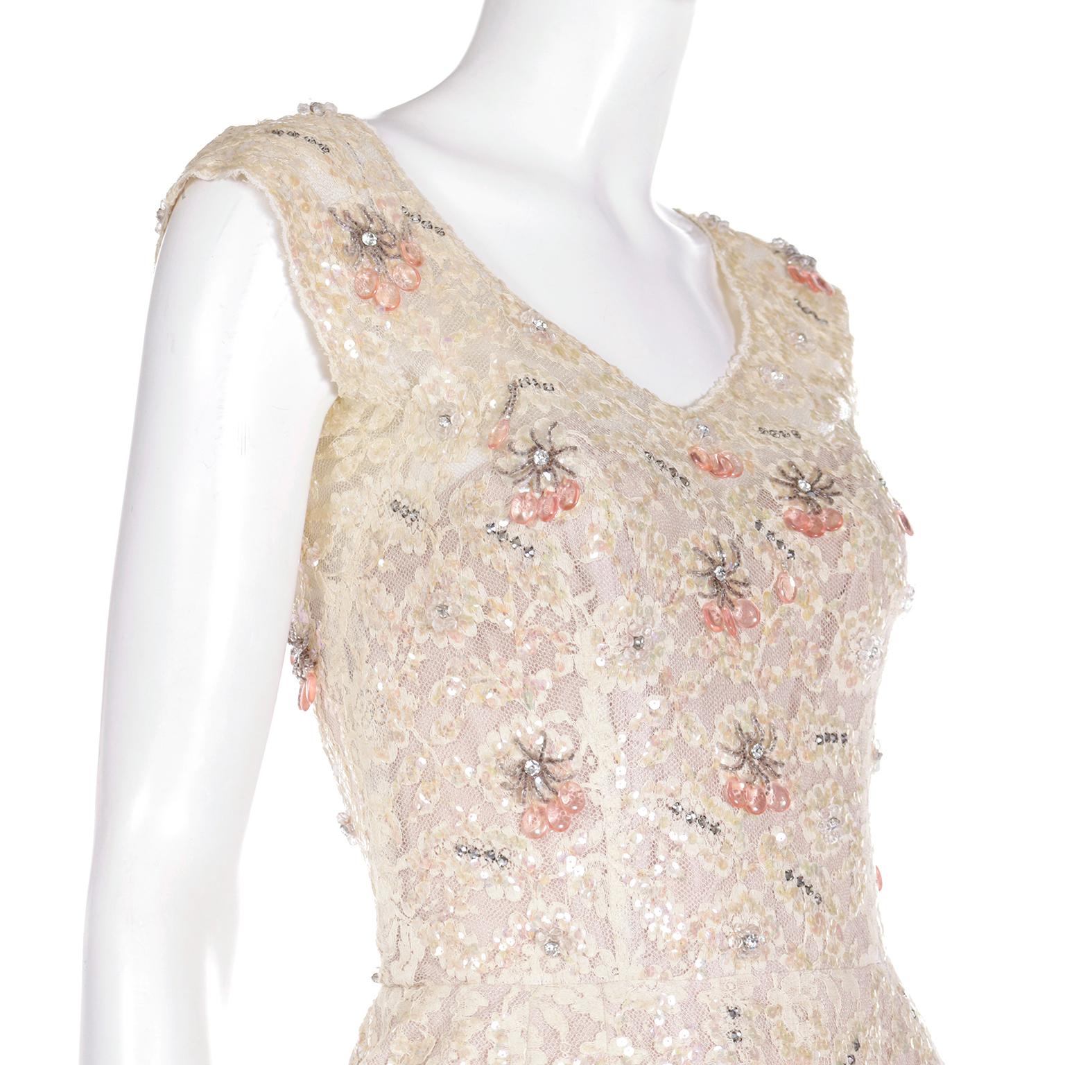 Harvey Berin Karen Stark 1950's Lace Beaded Evening Dress w Sequin & Rhinestones For Sale 2