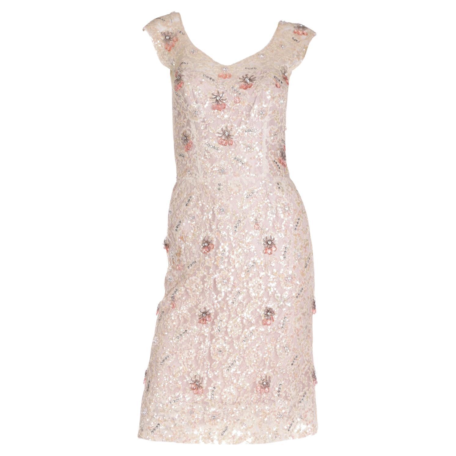 Harvey Berin Karen Stark 1950's Lace Beaded Evening Dress w Sequin & Rhinestones For Sale