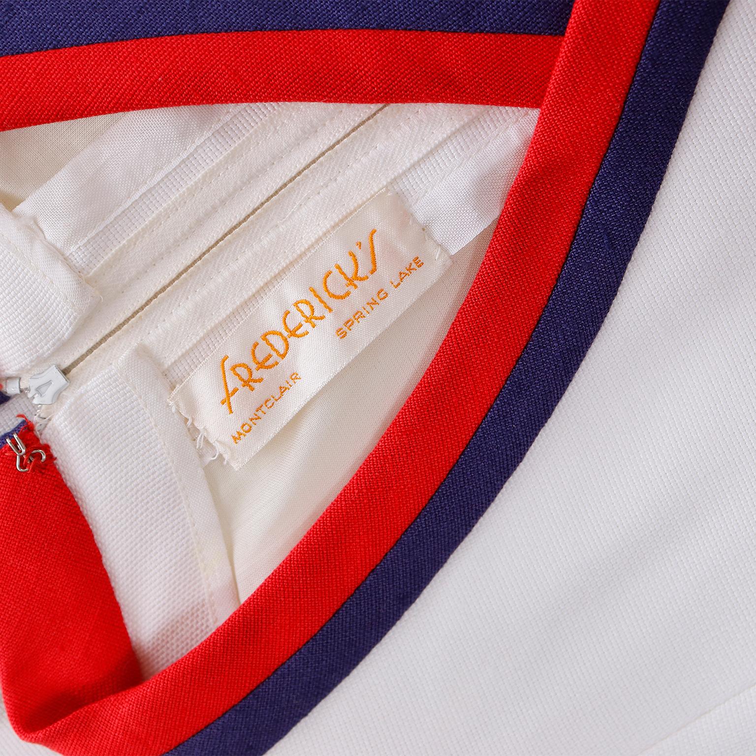 Harvey Berin Karen Stark Vintage 1960s White Dress w Red & Blue Trim and Belt For Sale 6