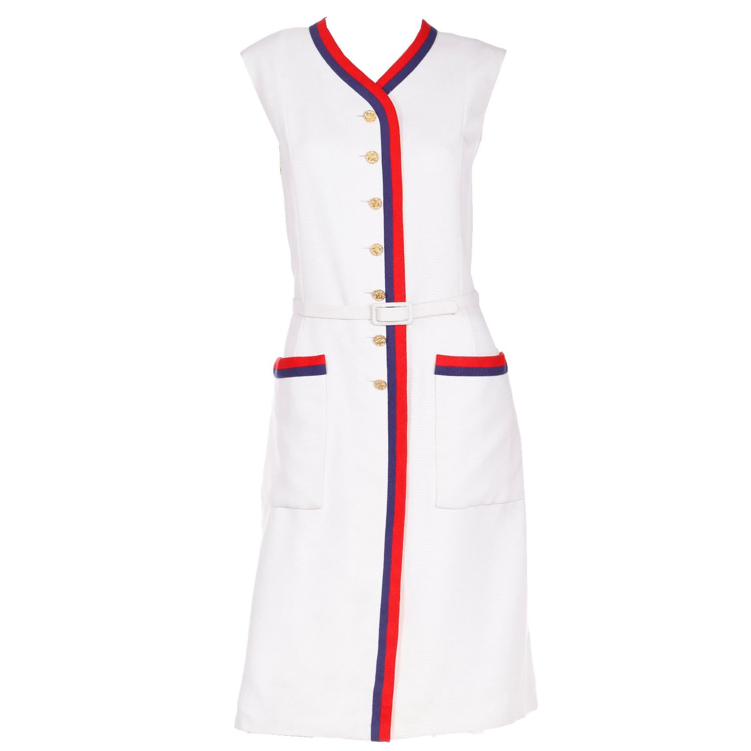 Harvey Berin Karen Stark Vintage 1960s White Dress w Red & Blue Trim and Belt For Sale 7