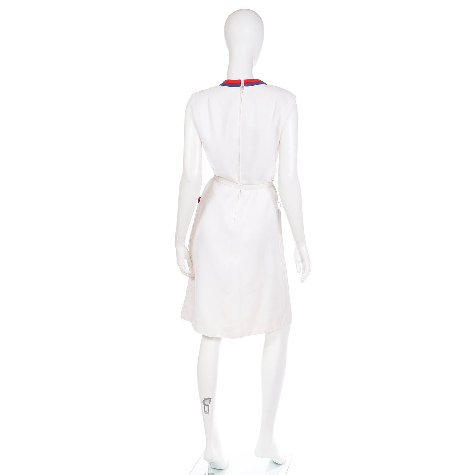 Women's Harvey Berin Karen Stark Vintage 1960s White Dress w Red & Blue Trim and Belt For Sale