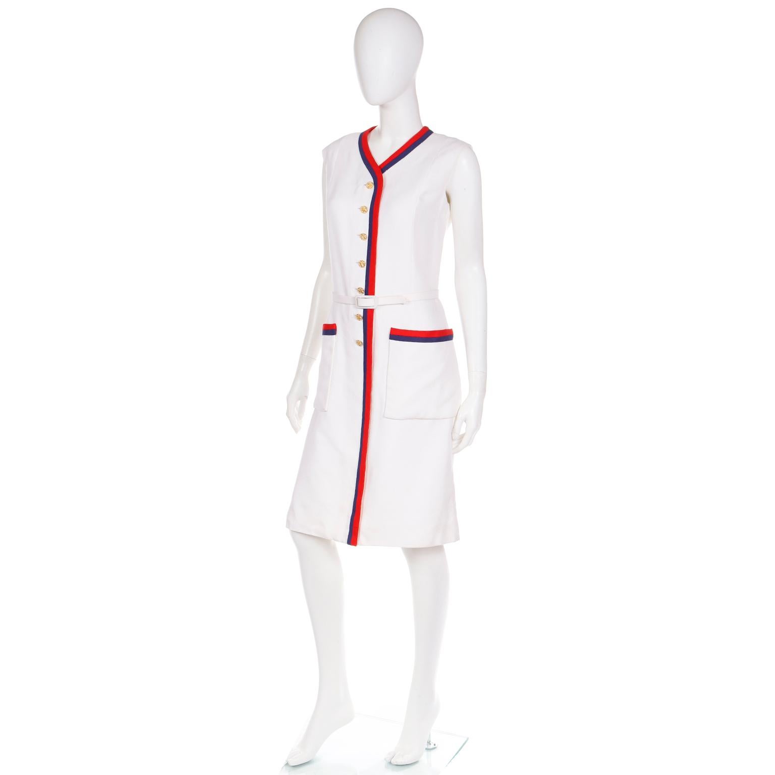 Harvey Berin Karen Stark Vintage 1960s White Dress w Red & Blue Trim and Belt For Sale 1