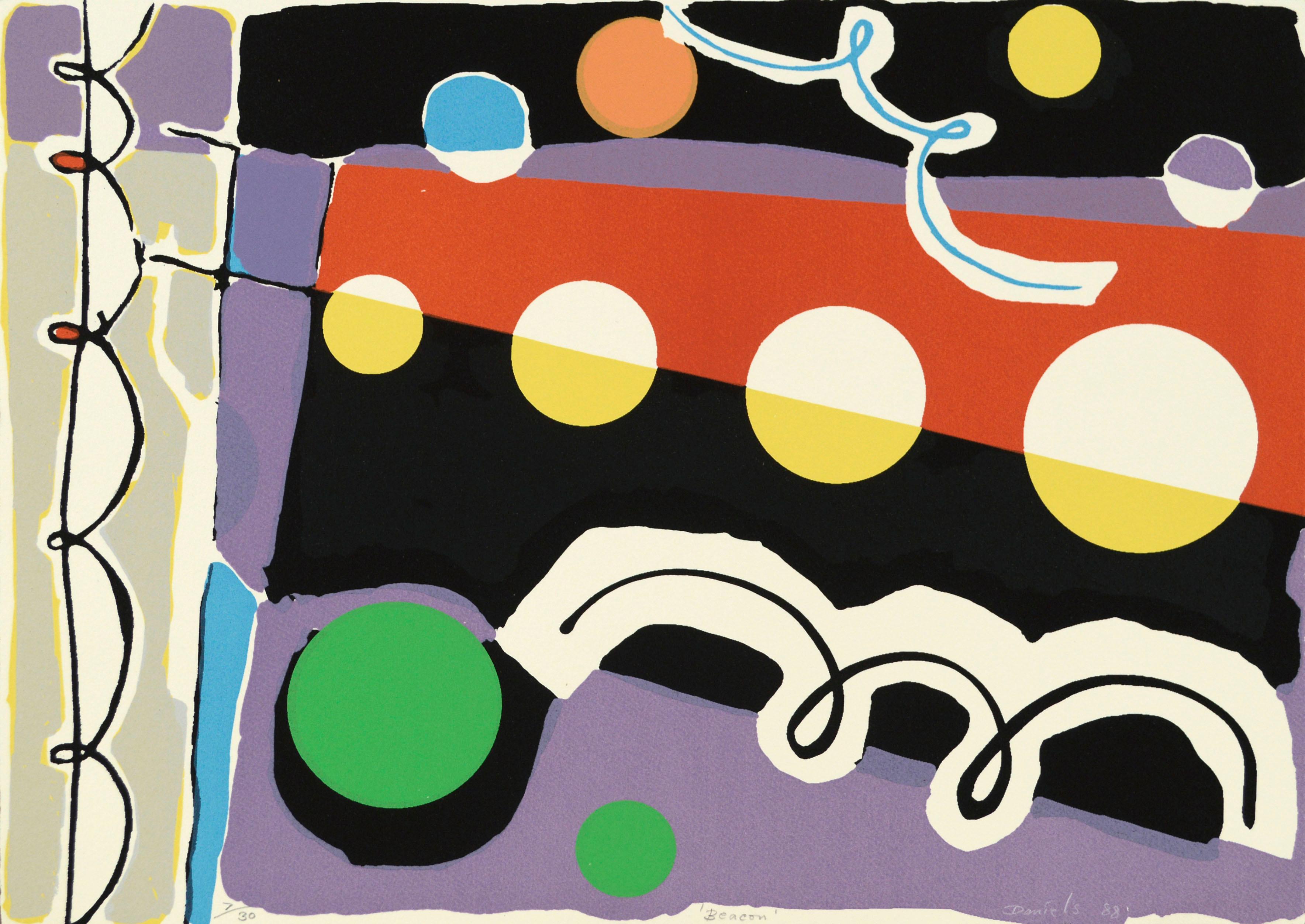 "Beacon" Abstract Geometric Screen Print, 7/30 by Harvey Daniels
Bold and bright limited edition abstract silkscreen print with fun colors and bold geometric shapes arranged in a lively, dynamic composition by Harvey Daniels (English, 1936-2013).