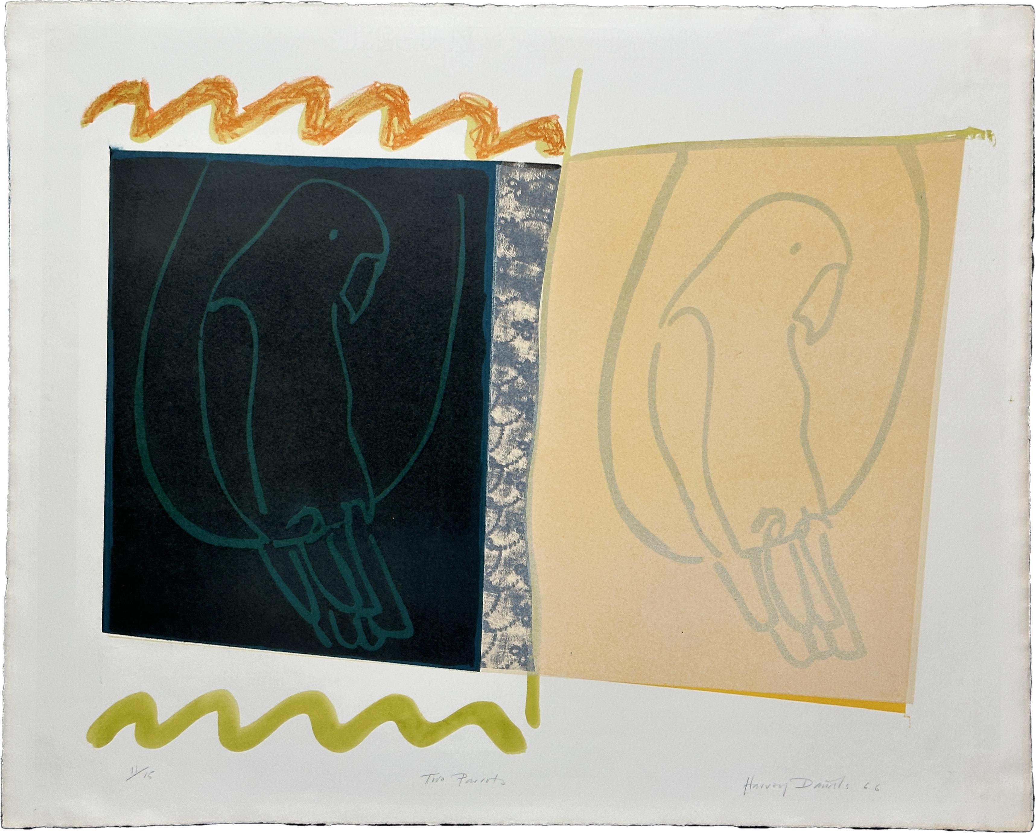 Harvey Daniels Animal Print – Zwei Papageien 1966 Original signierte Lithographie Pop Art