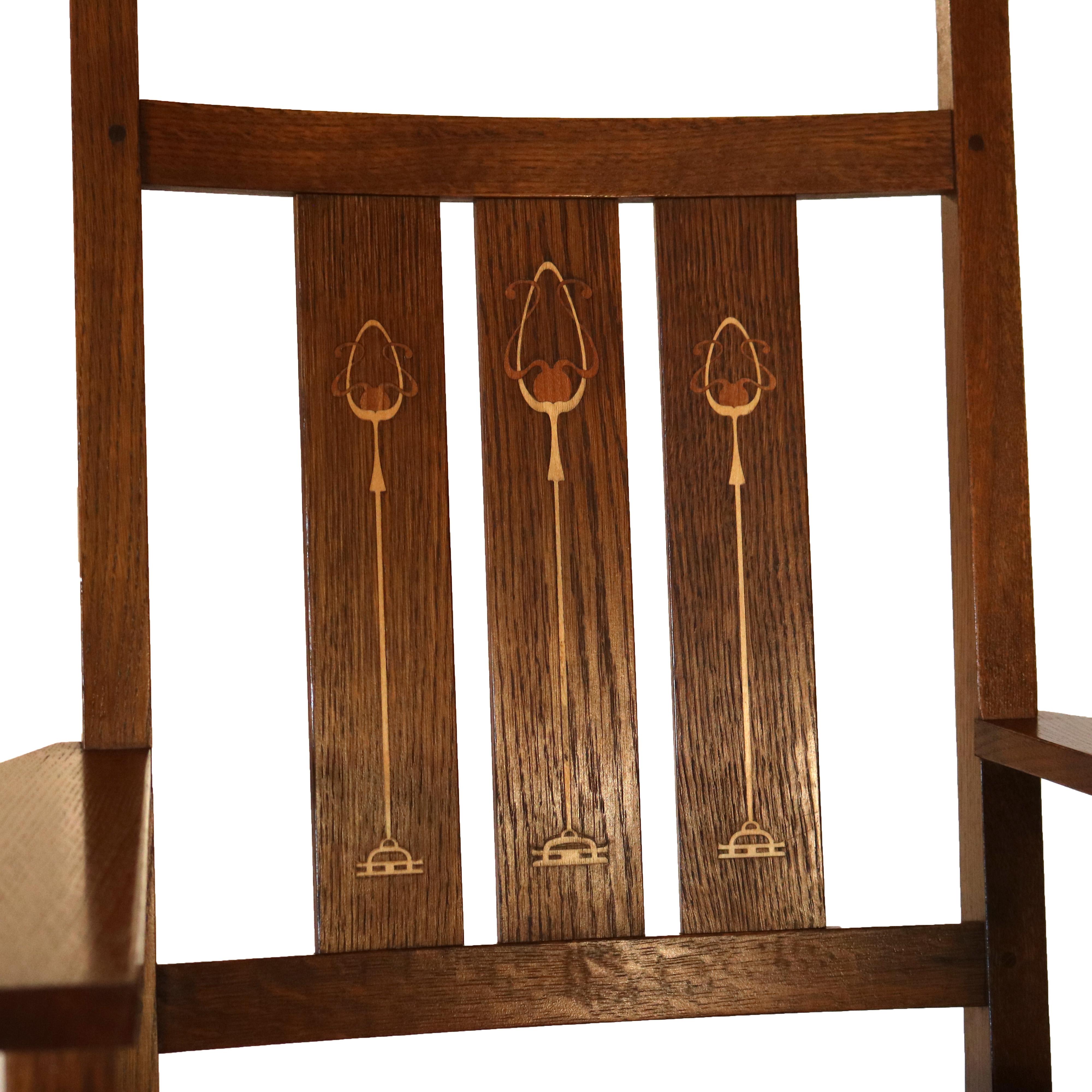 ***Reduced Delivery Rates - See Below or Click “Ask The Seller” to Request a Quote***

Harvey Ellis Signed Stickley Arts & Crafts Inlaid Mission Oak Slat Back Rocker with Stylized Foliate Elements 20thC

Measure - 40 1/2
