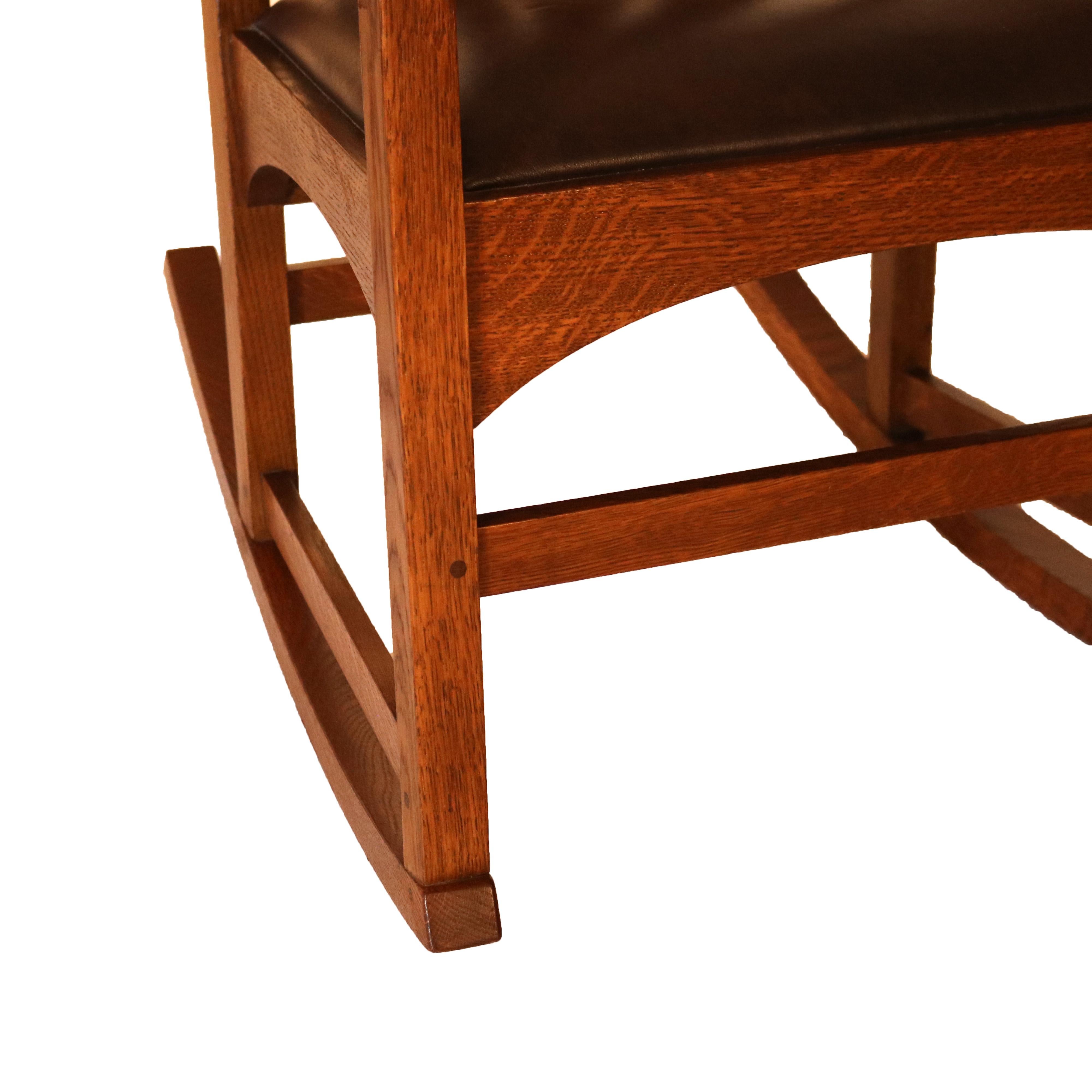 Inlay Harvey Ellis Signed Stickley Arts & Crafts Inlaid Mission Oak Slat Back Rocker