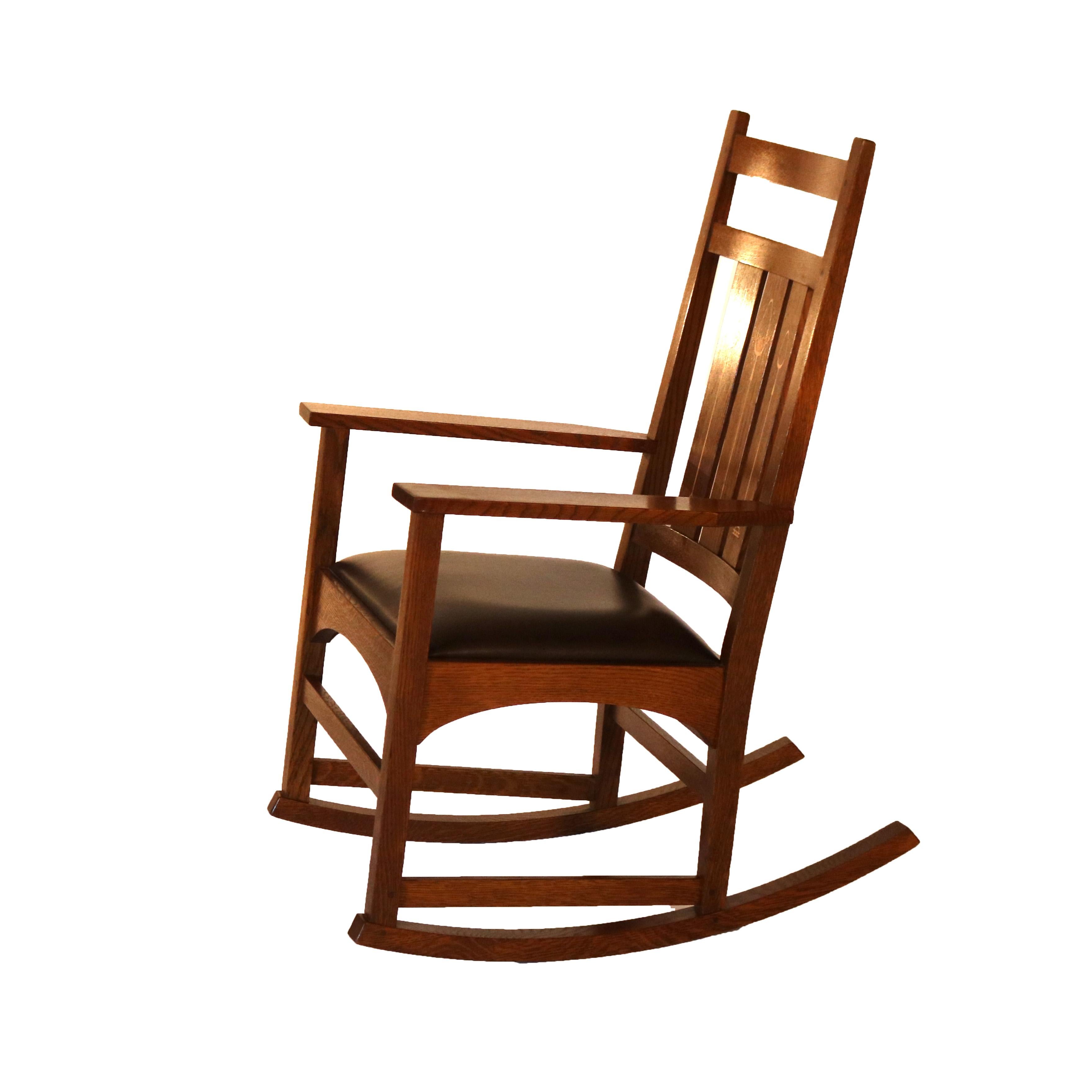 20th Century Harvey Ellis Signed Stickley Arts & Crafts Inlaid Mission Oak Slat Back Rocker