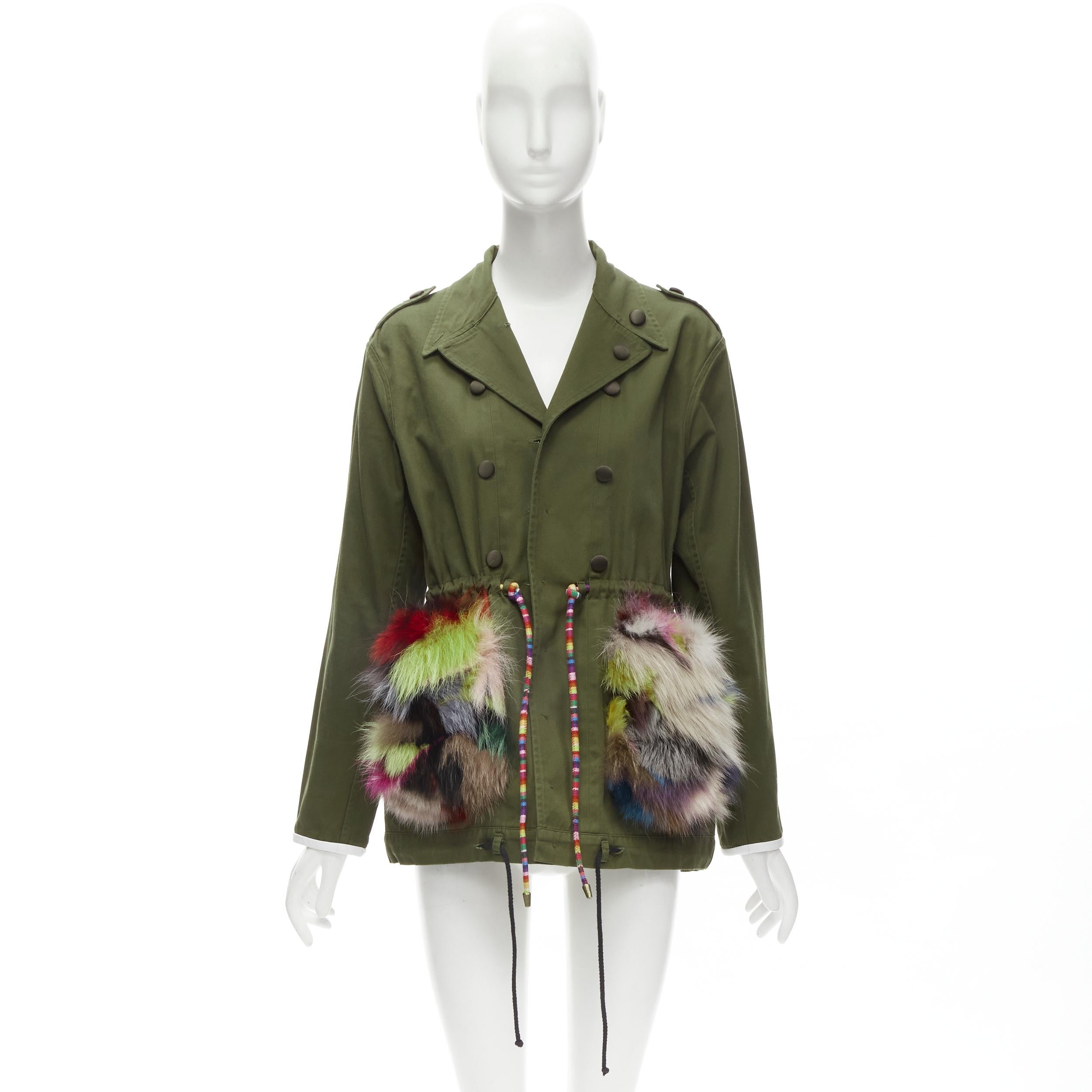 HARVEY FAIRCLOTH green cotton multi print fox fur pocket drawstring jacket S For Sale 4