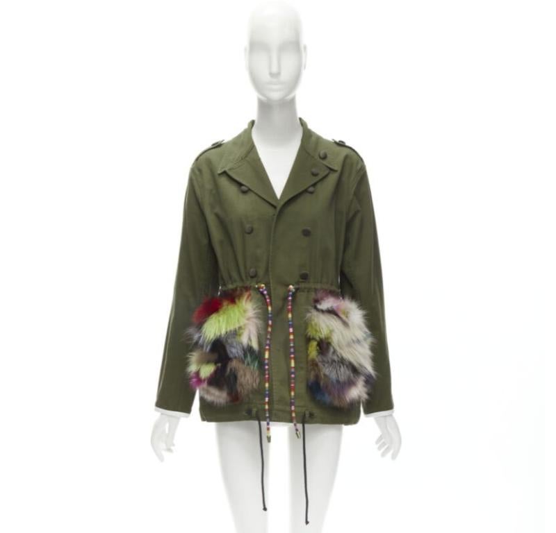 HARVEY FAIRCLOTH veste à cordon de serrage à poches en fourrure de renard en coton multi imprimé vert S en vente 5