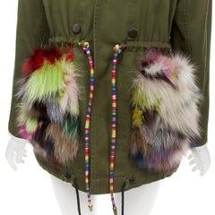 HARVEY FAIRCLOTH green cotton multi print fox fur pocket drawstring jacket S