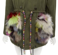 HARVEY FAIRCLOTH green cotton multi print fox fur pocket drawstring jacket S