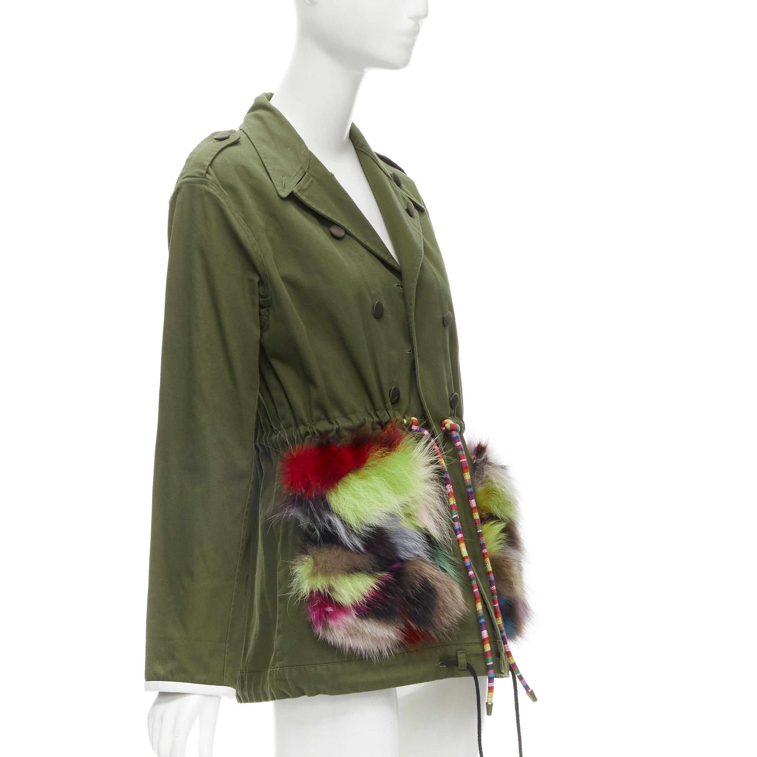 Black HARVEY FAIRCLOTH green cotton multi print fox fur pocket drawstring jacket S For Sale