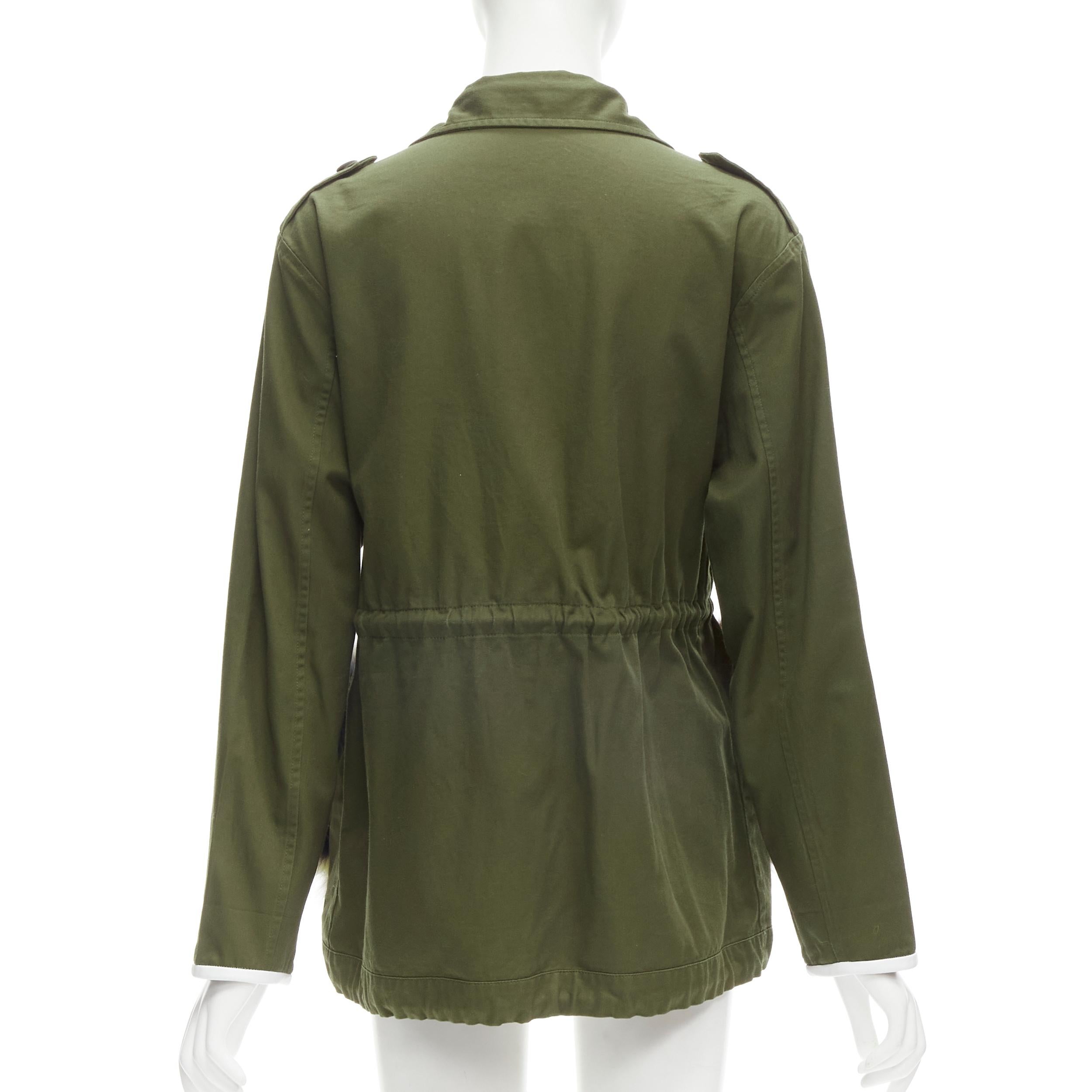 Women's HARVEY FAIRCLOTH green cotton multi print fox fur pocket drawstring jacket S For Sale