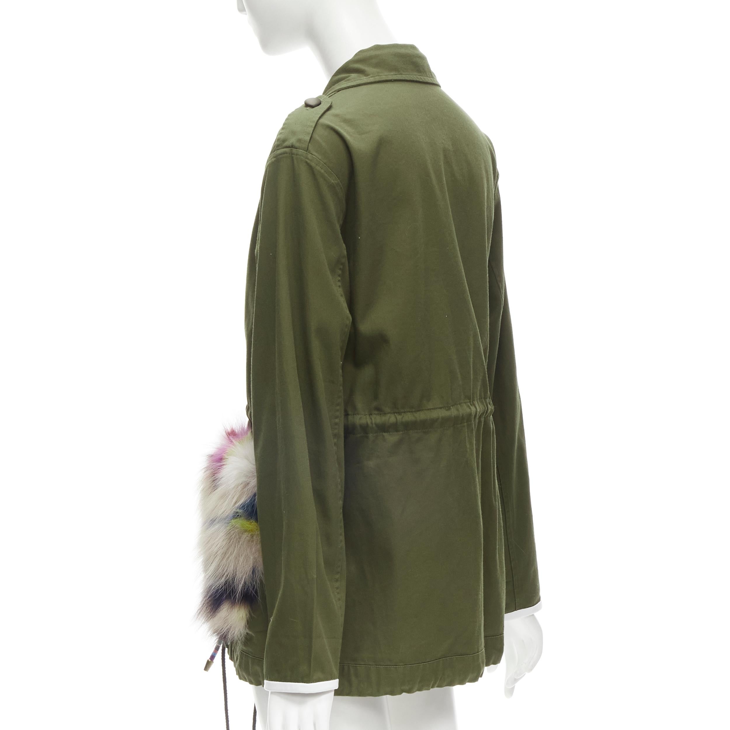 HARVEY FAIRCLOTH green cotton multi print fox fur pocket drawstring jacket S For Sale 1