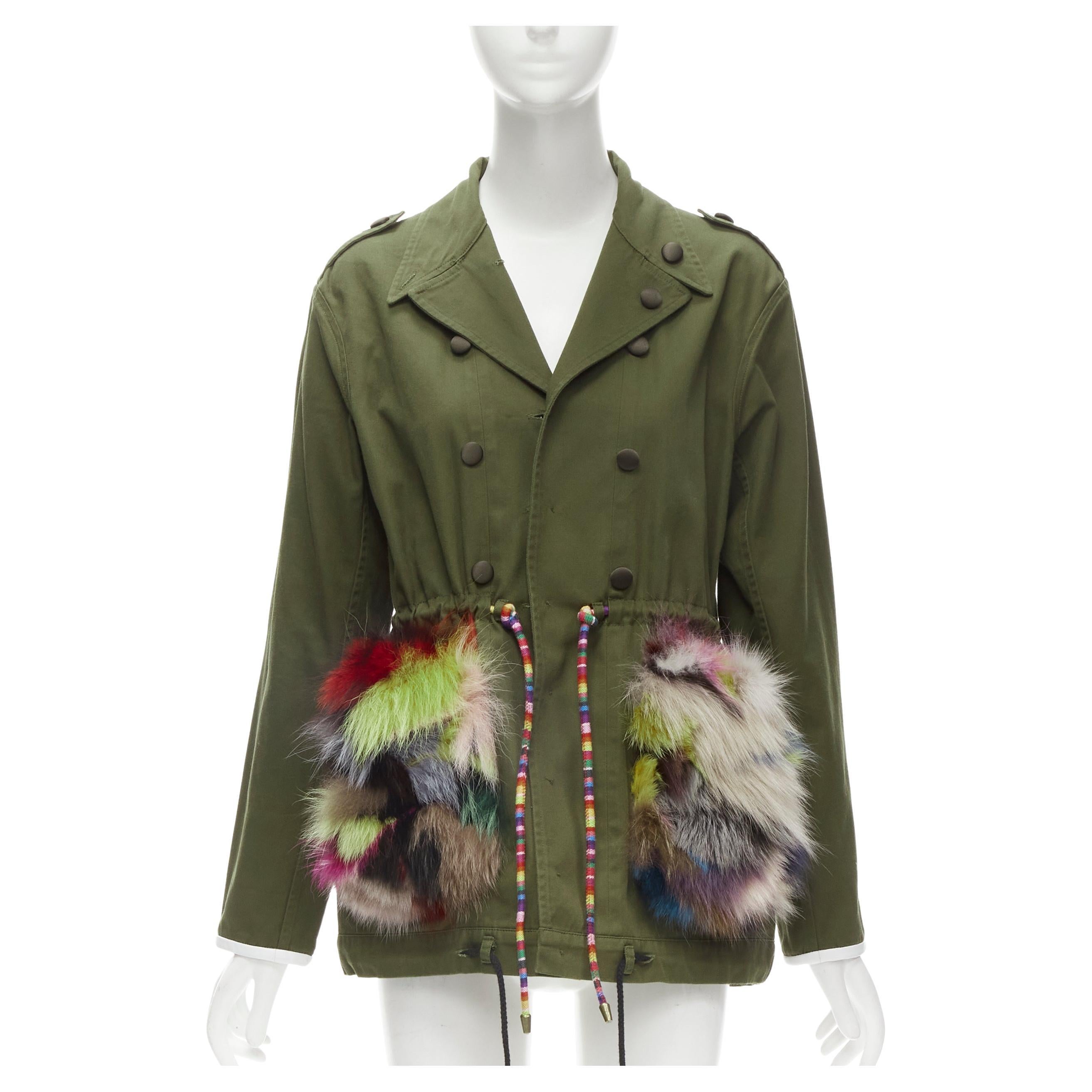 HARVEY FAIRCLOTH green cotton multi print fox fur pocket drawstring jacket S For Sale