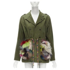 HARVEY FAIRCLOTH green cotton multi print fox fur pocket drawstring jacket S