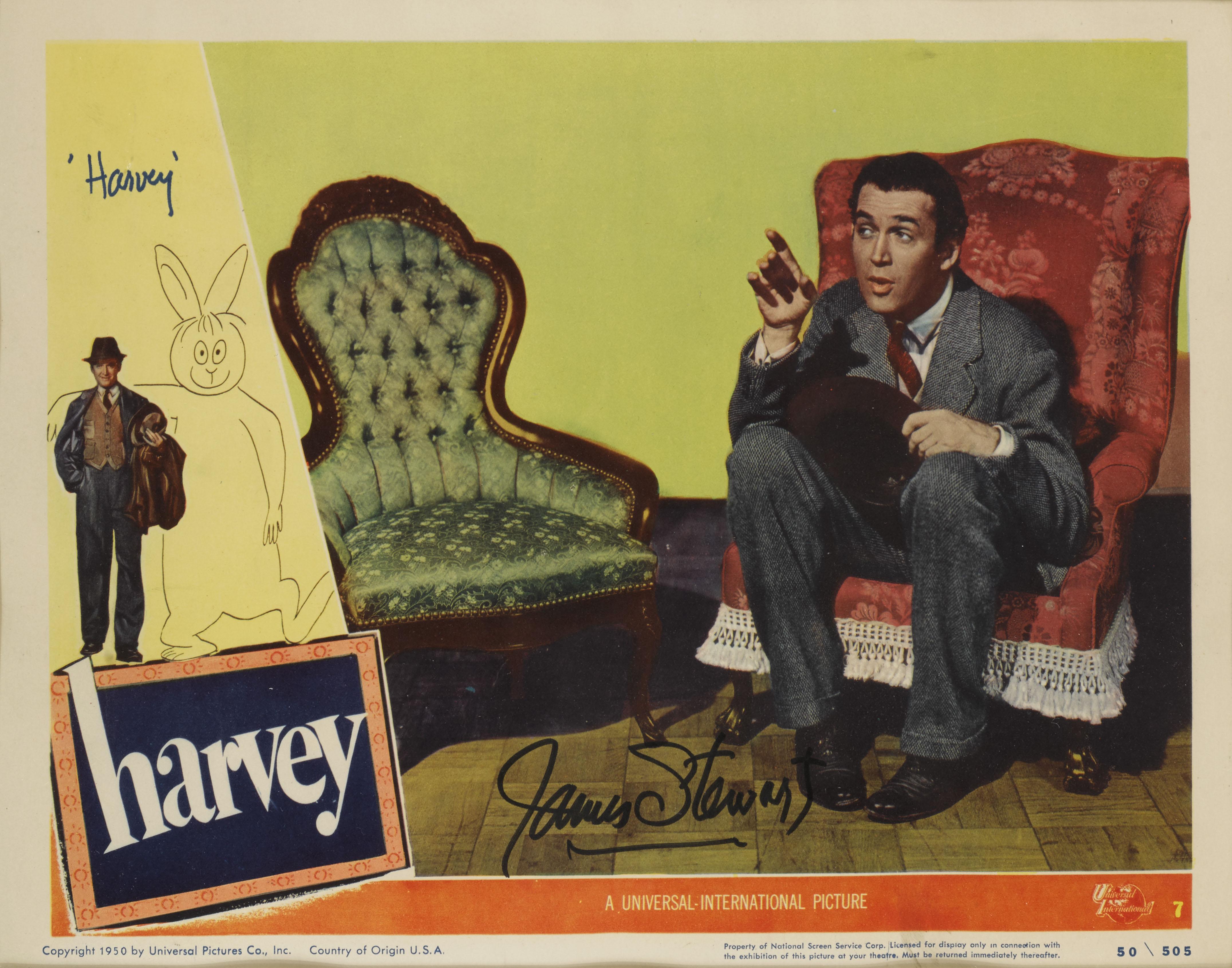 Original US Lobby card number 7 for Harvey, 1950.
This Lobby card has been signed by James Stewart.
This lobby card was previously in the collection of a US collector, who obtained the signature in person at the Motion Picture retirement home in
