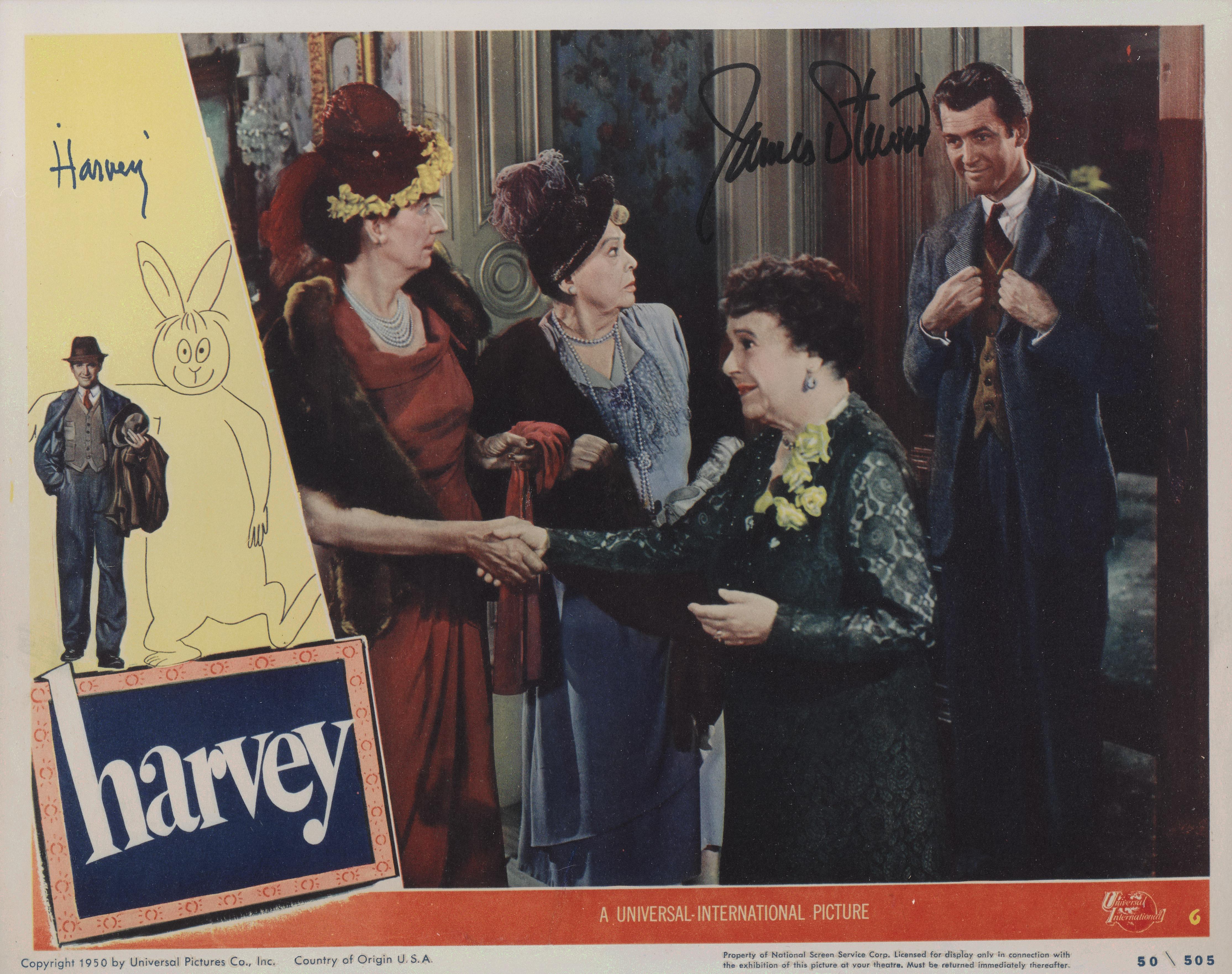 Original US Lobby card number 6 for Harvey, 1950.
This Lobby card has been signed by James Stewart.
This lobby card was previously in the collection of a US collector, who obtained the signature in person at the Motion Picture retirement home in