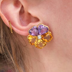 Harvey & Gore Amethyst, Citrine, Diamond and Gold Pansy Earrings, 1973