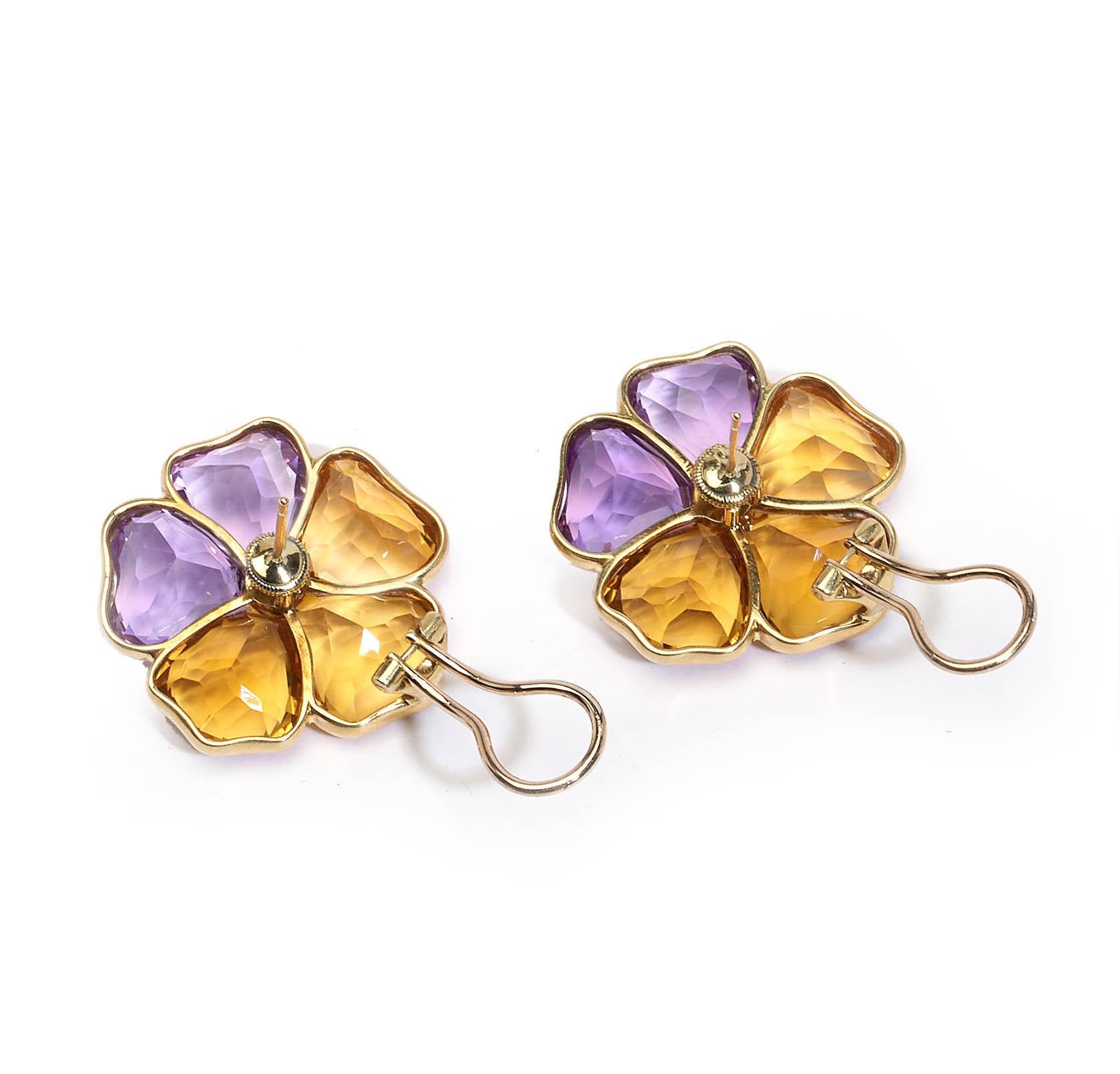 Round Cut Harvey & Gore Amethyst, Citrine, Diamond and Gold Pansy Earrings, 1973 For Sale