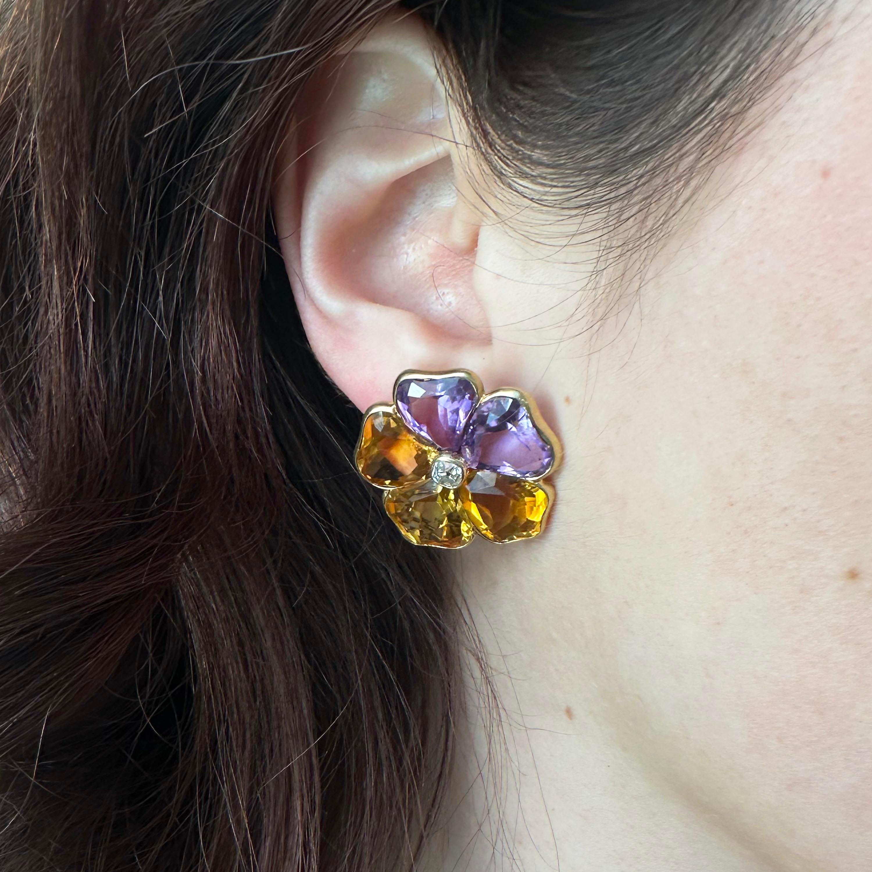 Harvey & Gore Amethyst, Citrine, Diamond and Gold Pansy Earrings, 1973 In Good Condition For Sale In London, GB