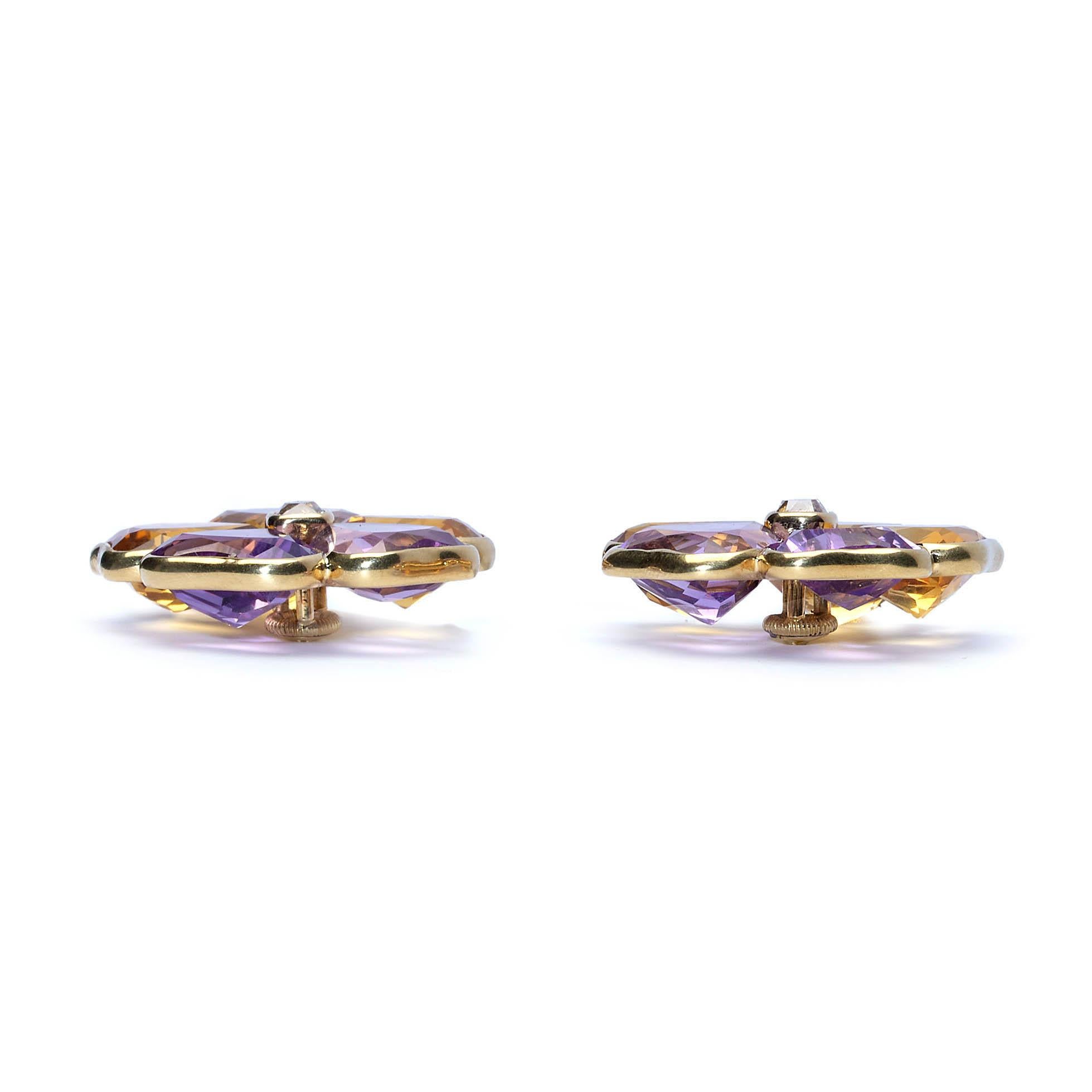 Women's Harvey & Gore Amethyst, Citrine, Diamond and Gold Pansy Earrings, 1973 For Sale