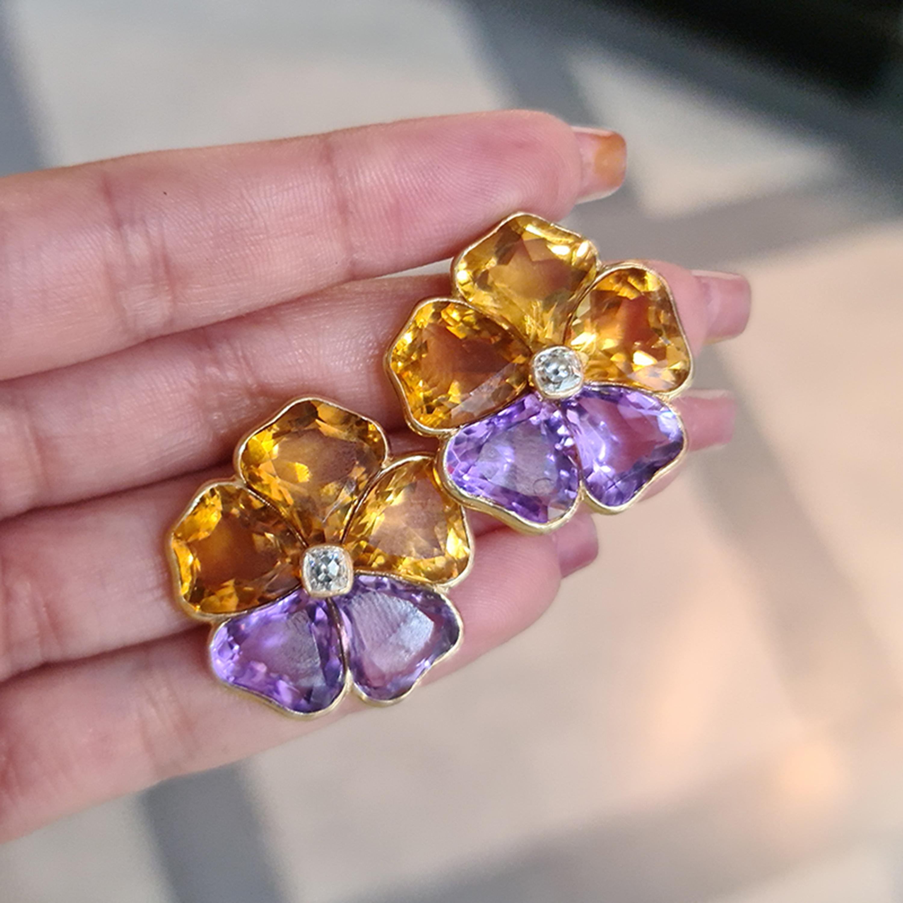 Harvey & Gore Amethyst, Citrine, Diamond and Gold Pansy Earrings, 1973 For Sale 1
