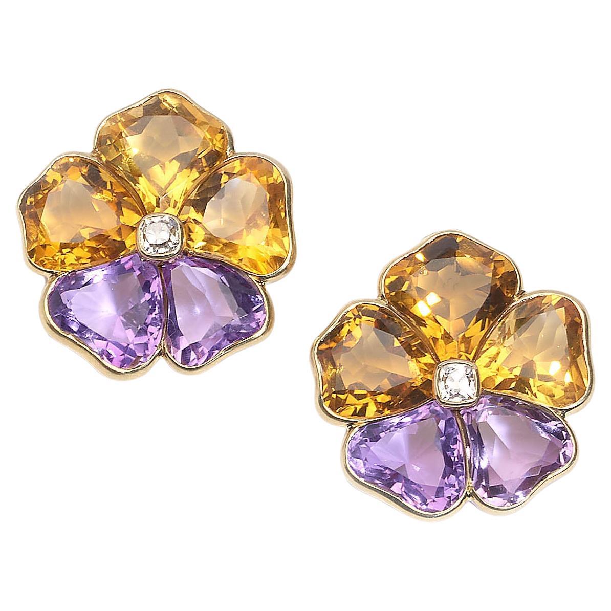 Harvey & Gore Amethyst, Citrine, Diamond and Gold Pansy Earrings, 1973 For Sale