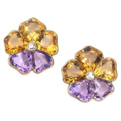 Vintage Harvey & Gore Amethyst, Citrine, Diamond and Gold Pansy Earrings, 1973