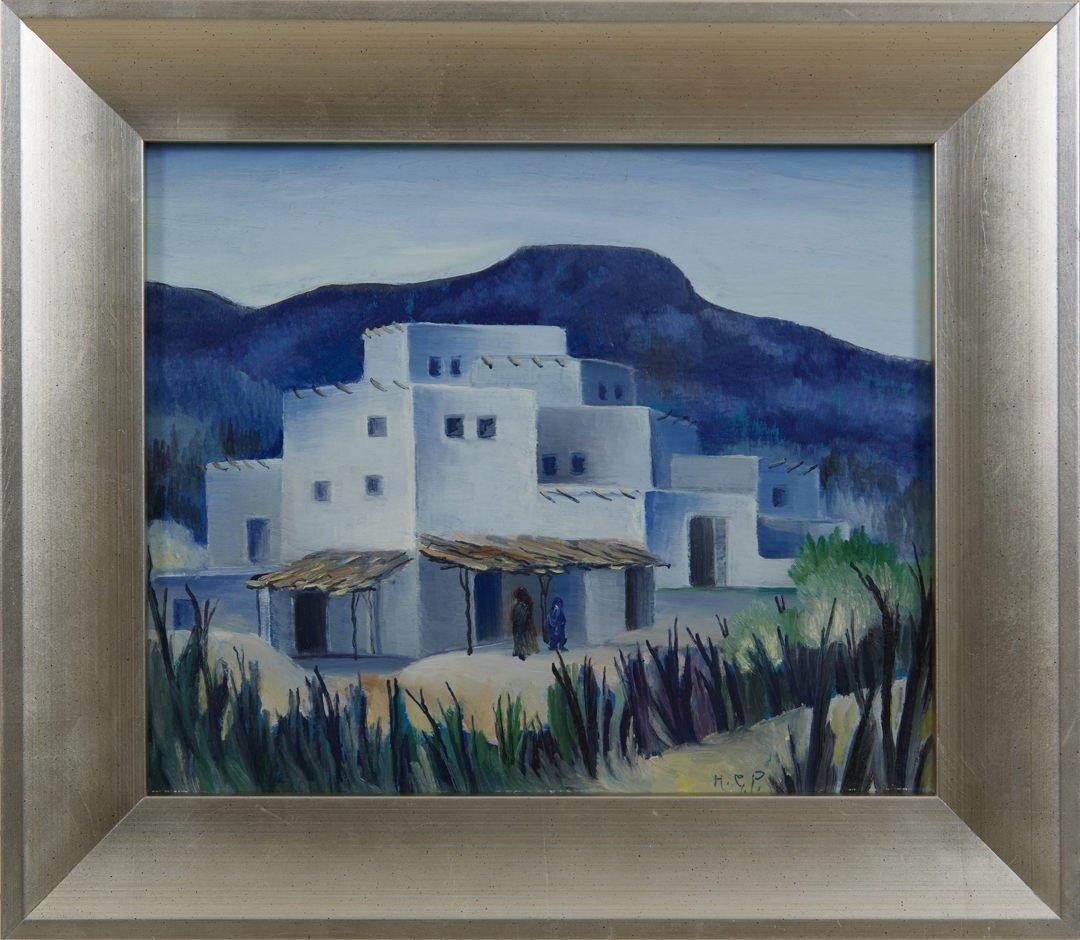 Adobe House, New Mexico, 20th Century Painting by Slovenian/American artist - Purple Figurative Painting by Harvey Gregory Prusheck