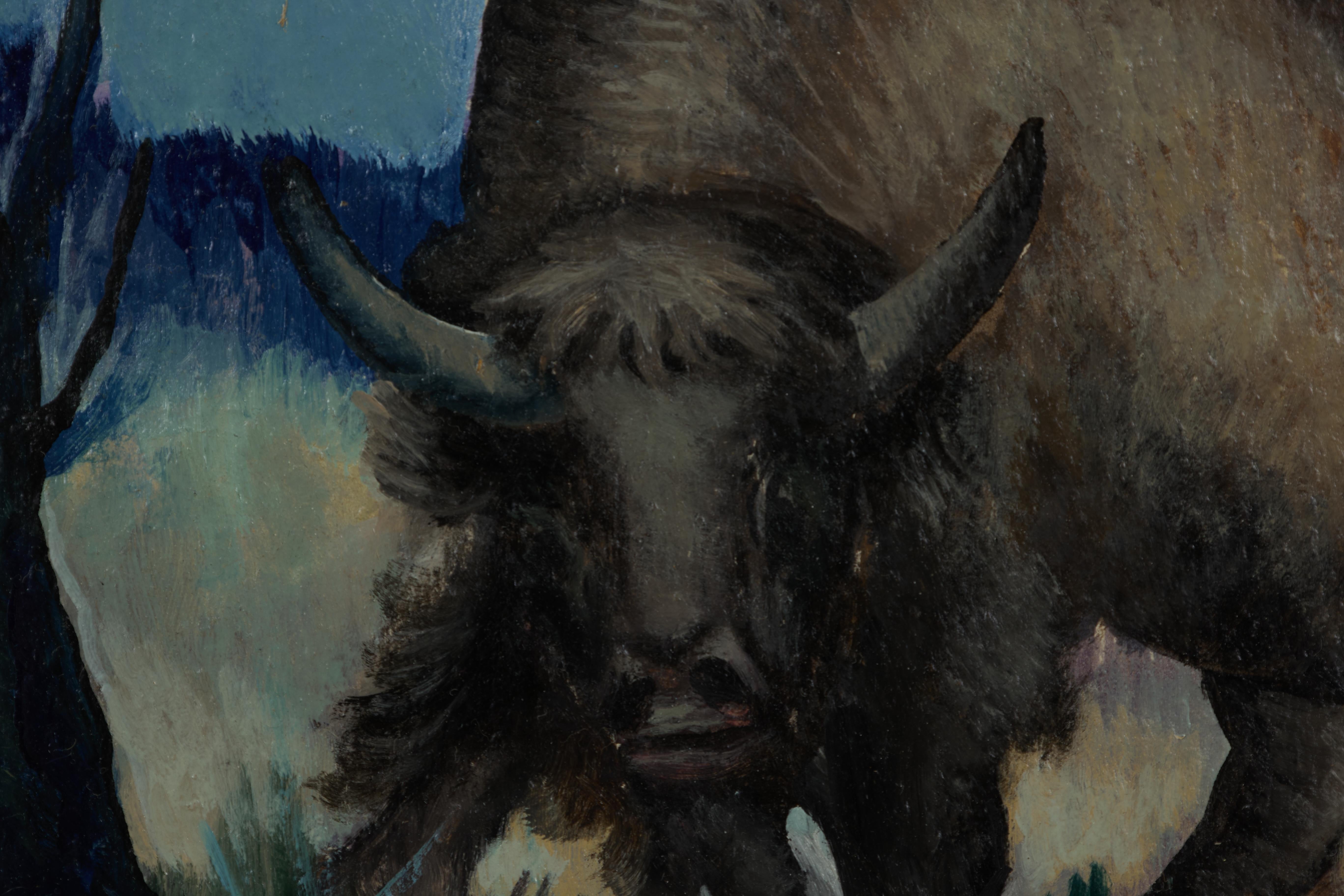 Bison, 20th Century Oil Landscape, Cleveland School Artist - Black Animal Painting by Harvey Gregory Prusheck