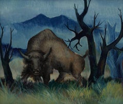 Vintage Bison, 20th Century Oil Landscape, Cleveland School Artist