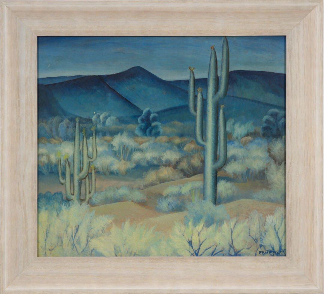 Cactus, Paisaje montañoso desértico nocturno de principios del siglo XX, Escuela de Cleveland - Painting de Harvey Gregory Prusheck