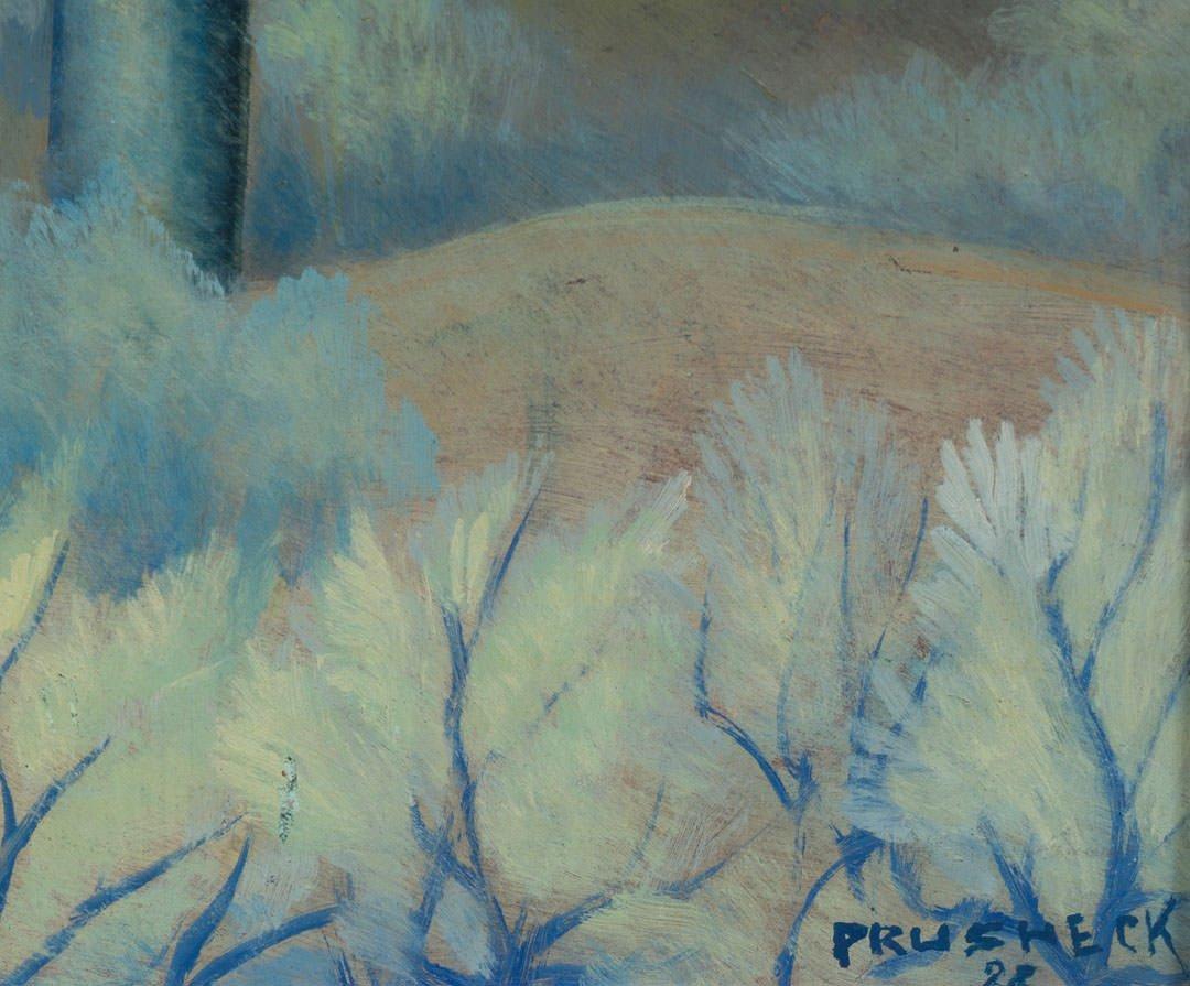 Cactus, Paisaje montañoso desértico nocturno de principios del siglo XX, Escuela de Cleveland - Landscape Painting Gris de Harvey Gregory Prusheck