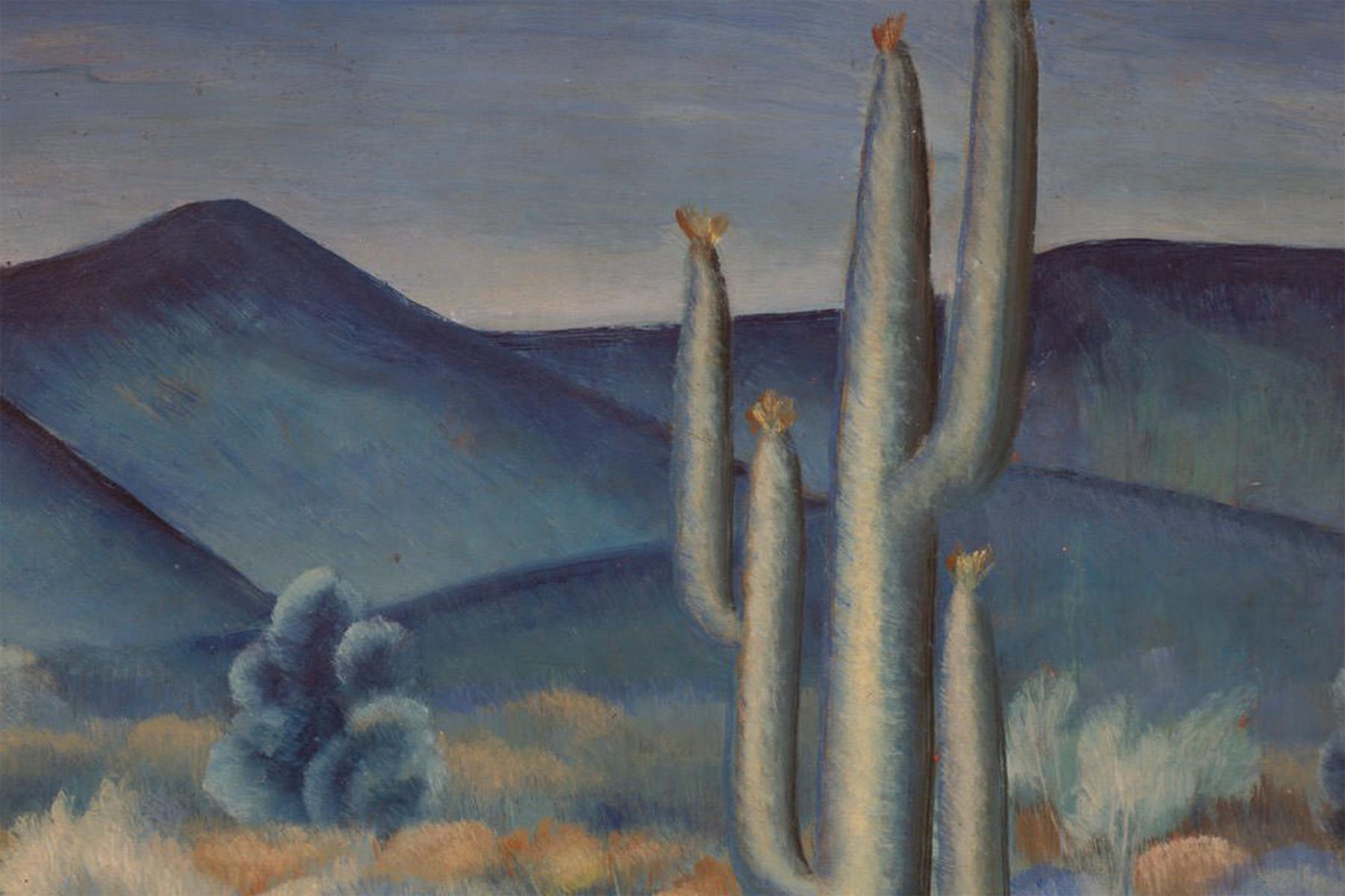 Cactus, Paisaje montañoso desértico nocturno de principios del siglo XX, Escuela de Cleveland en venta 2