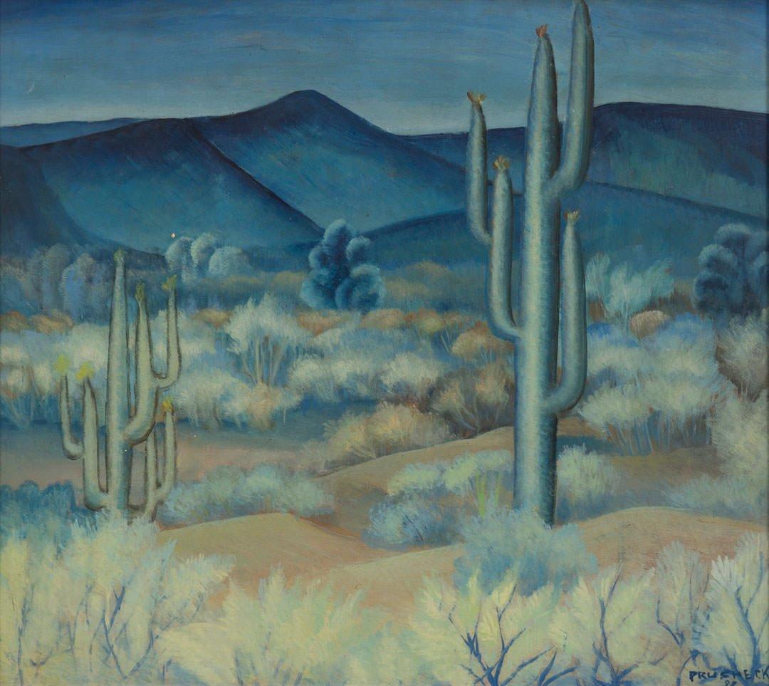 Landscape Painting de Harvey Gregory Prusheck - Cactus, Paisaje montañoso desértico nocturno de principios del siglo XX, Escuela de Cleveland