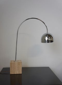 Harvey Guzzini Chrome and Travertine Base Arc Table Lamp