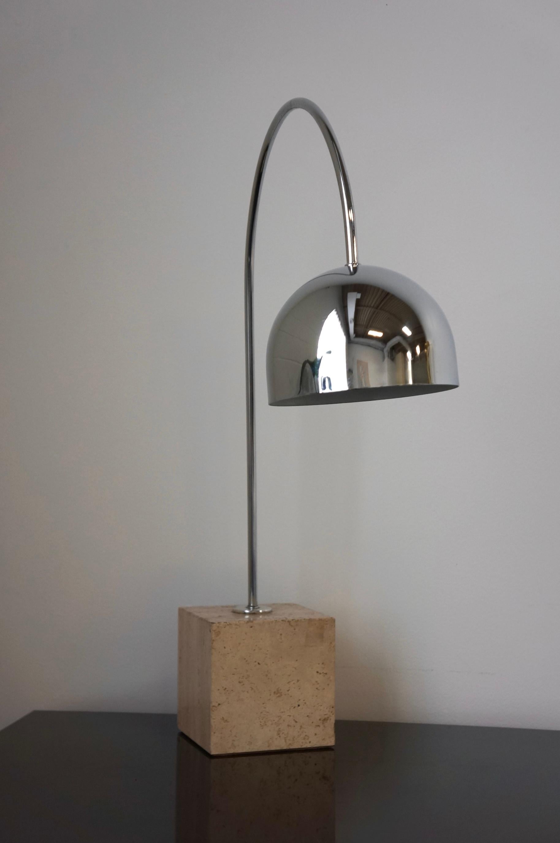 Mid-Century Modern Harvey Guzzini Chrome and Travertine Base Arc Table Lamp  For Sale